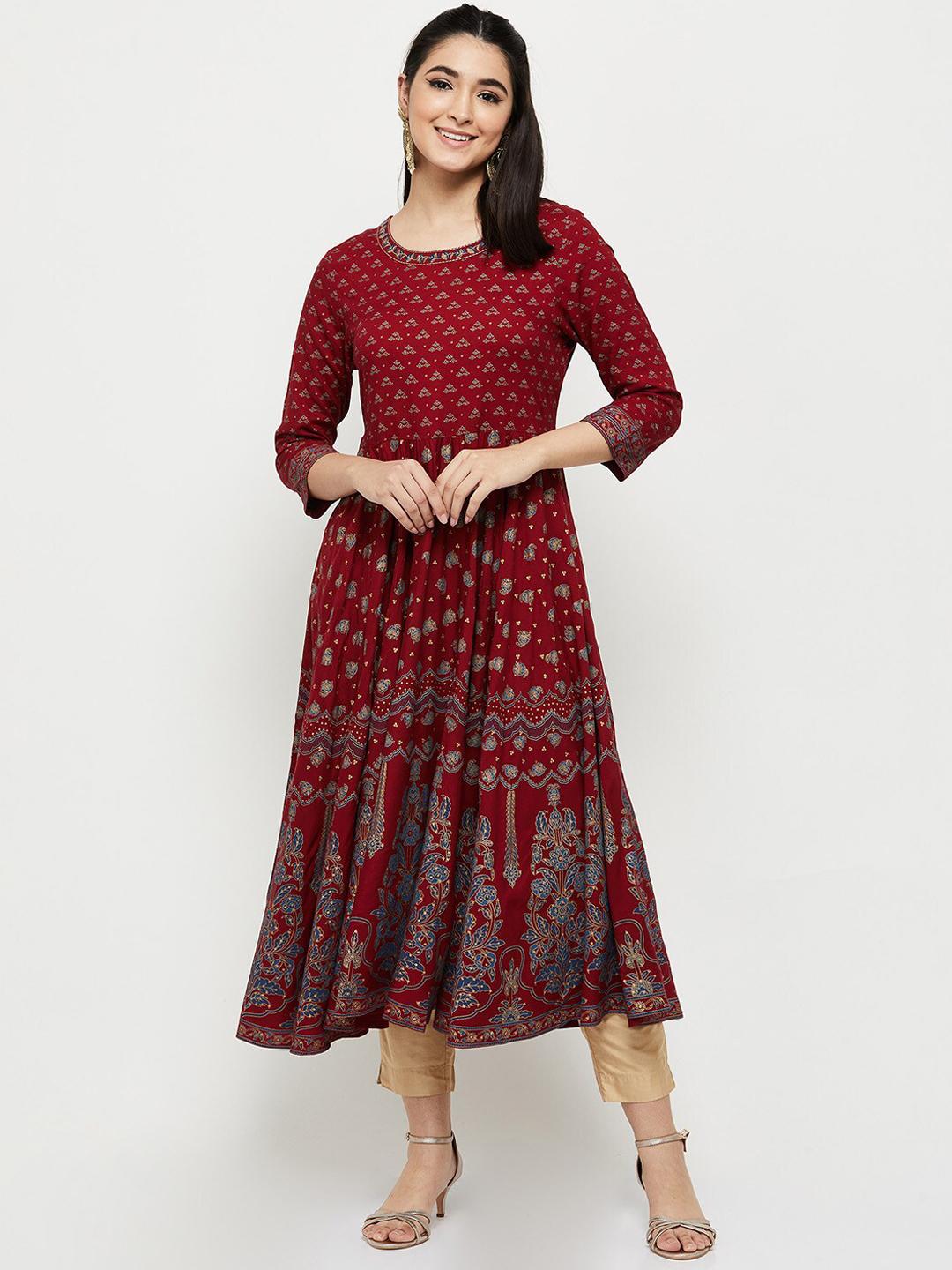 Women Red Ethnic Printed Straight Kurta With Three Quarter Sleeves main image 0