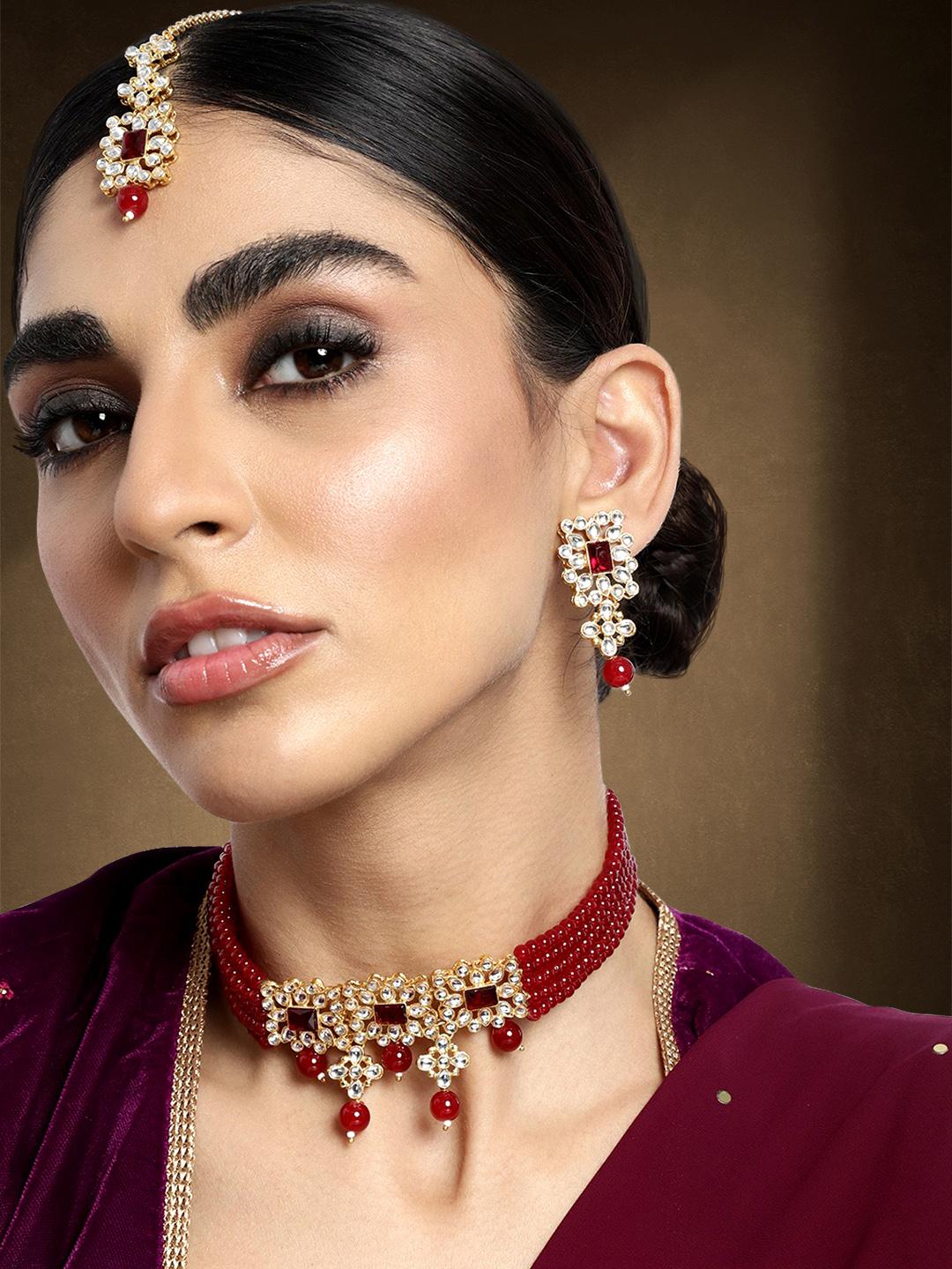 Buy Peora Gold Plated & Maroon Kundan Studded Necklace Set - - Accessories for Women