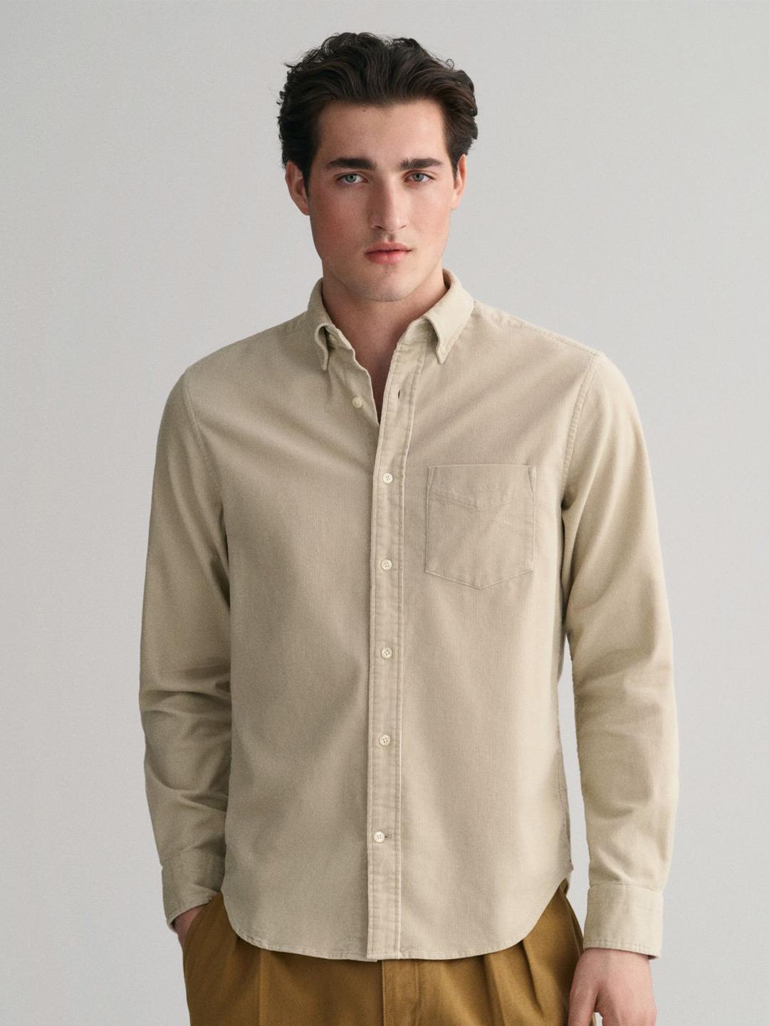 Gant Men Yellow Solid Button-down Collar Full Sleeves Corduroy Shirt