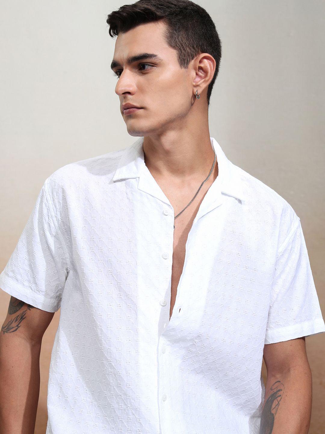 HIGHLANDER Men Dobby Textured Solid Cuban Collar Relaxed Shirt