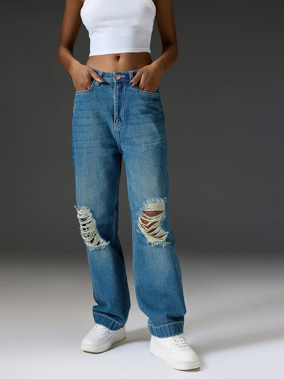 FREAKINS Women Cotton Relaxed Fit High-Rise Mildly Distressed Jeans