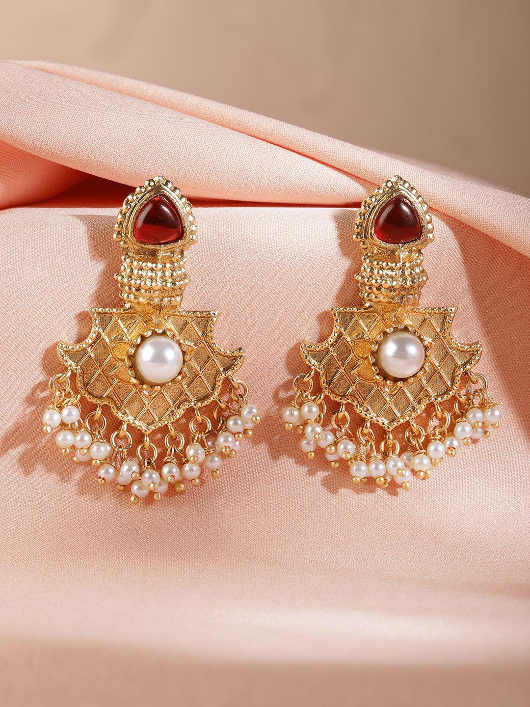 Rubans 22K Gold-Plated Ruby Pink & White Kundan Handcrafted Ear Cuff with Pearl Beads