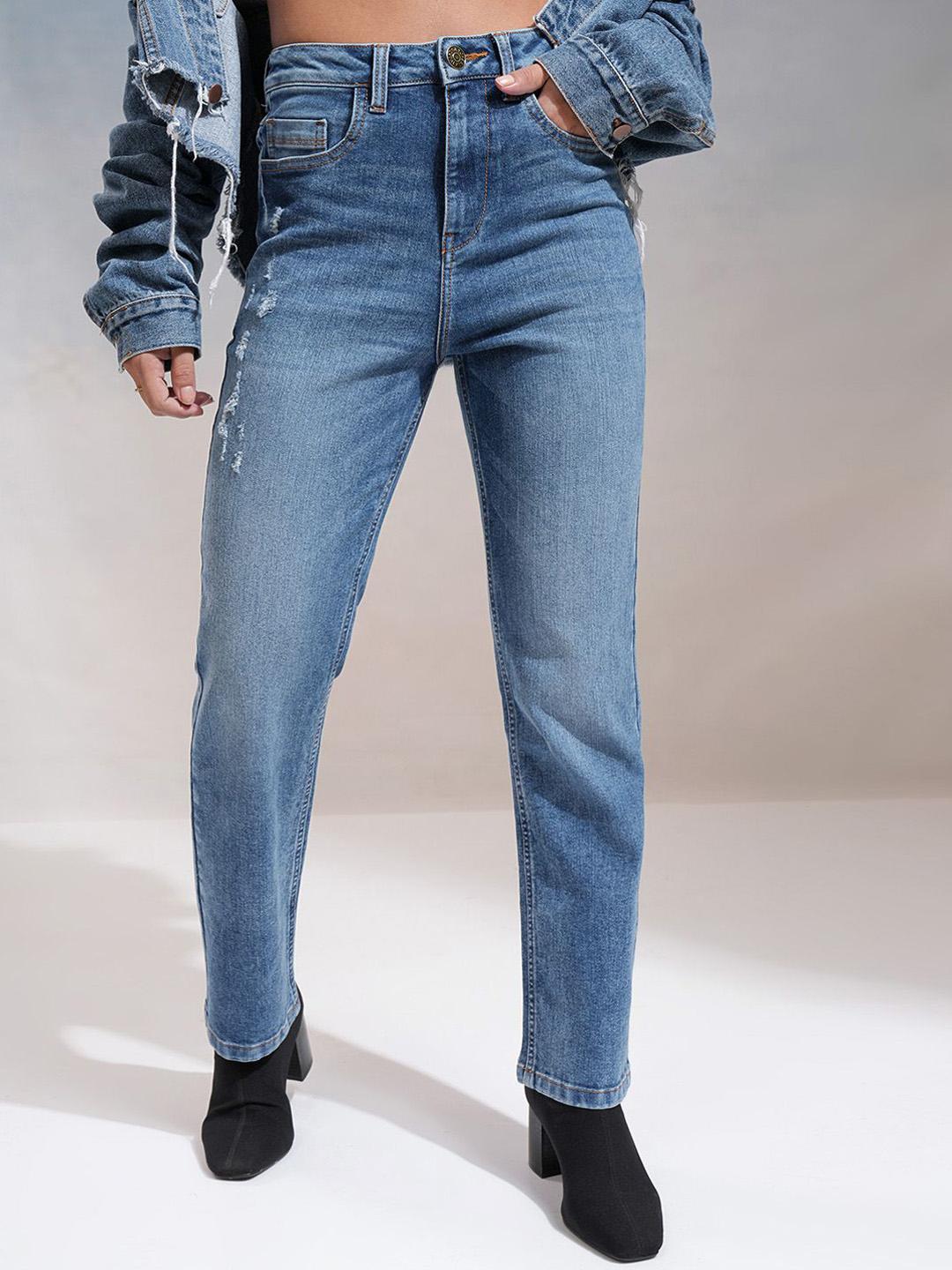 Tokyo Talkies Women Straight Fit Low Distress Light Fade Stretchable Jeans