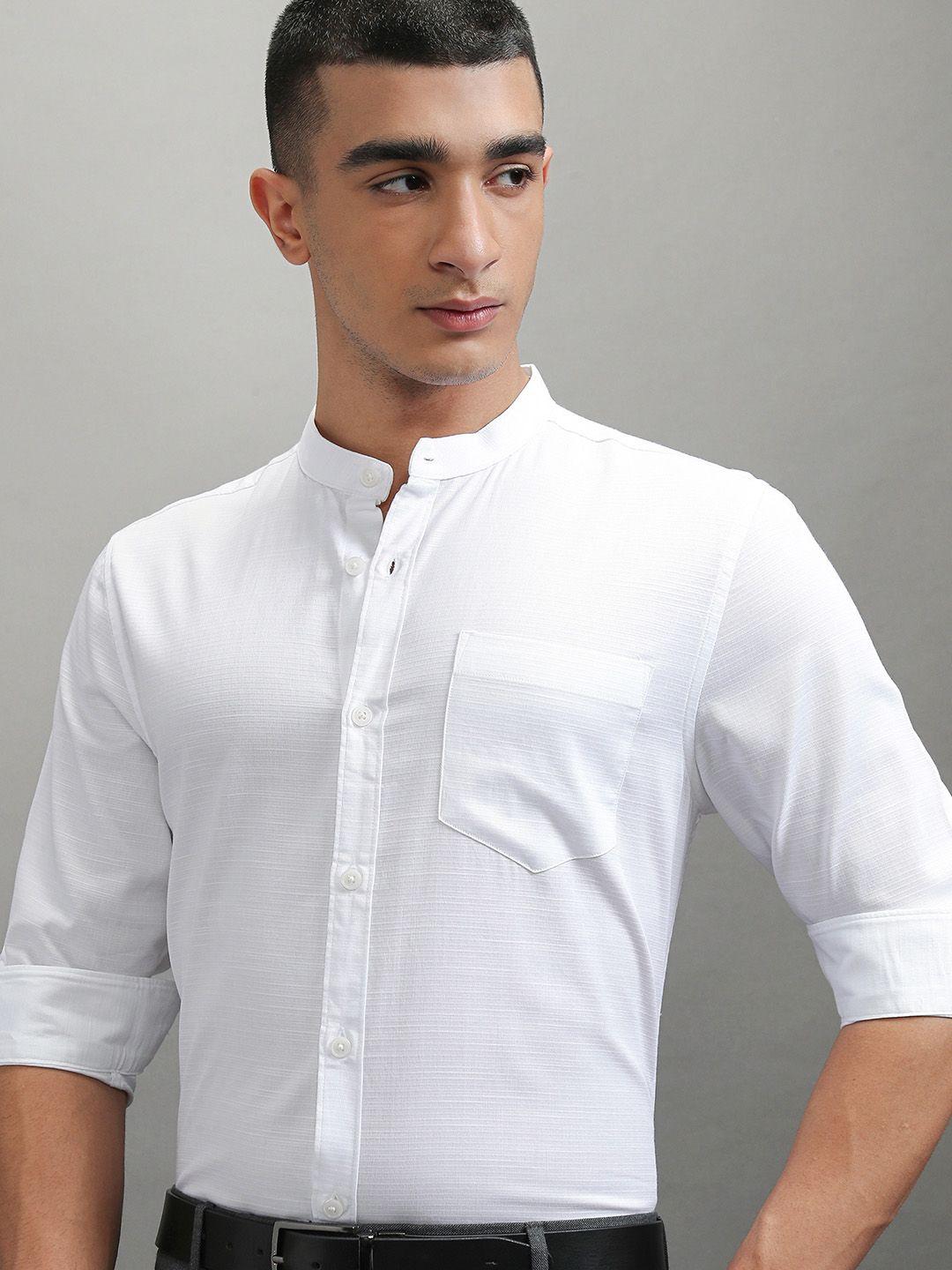 Highlander Men White Jacquard Textured Solid Mandarin Collar Casual Shirt