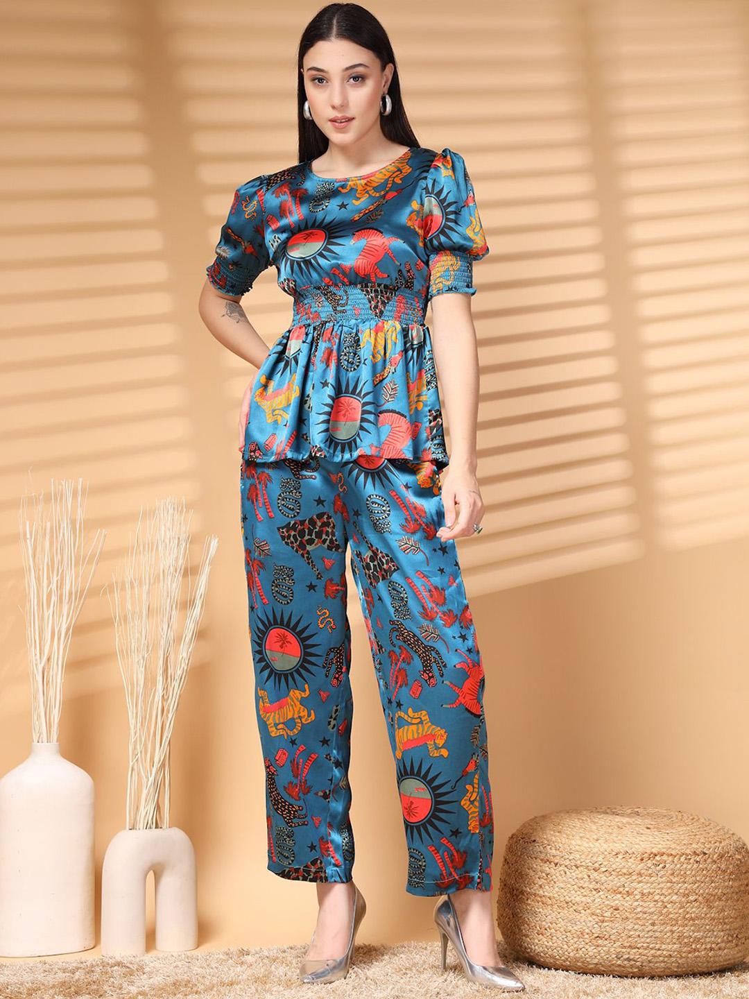 Buy PlusS Teal Blue Printed Top With Trouser -  - Apparel for Women