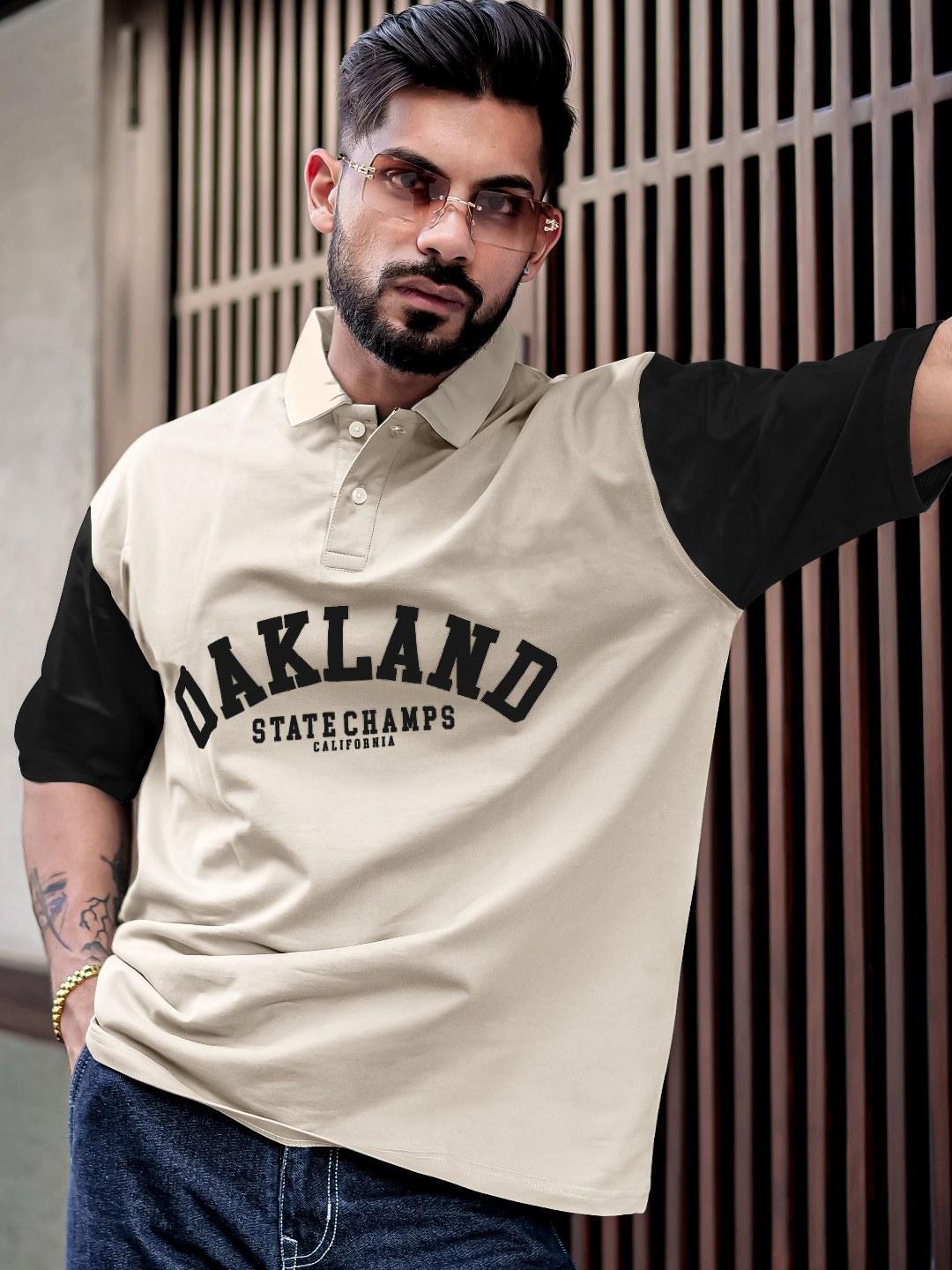 Maniac Men Typography Printed Polo Collar Oversized Cotton T-Shirt