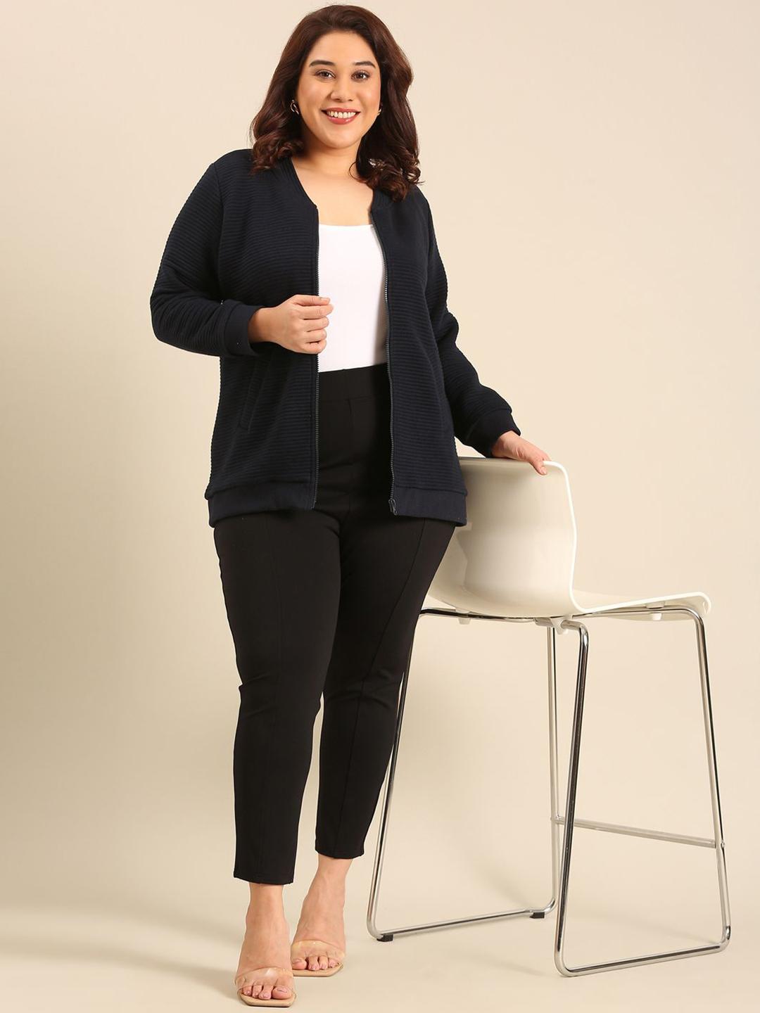 The Pink Moon Women Plus Size Striped Longline Open Front Jacket
