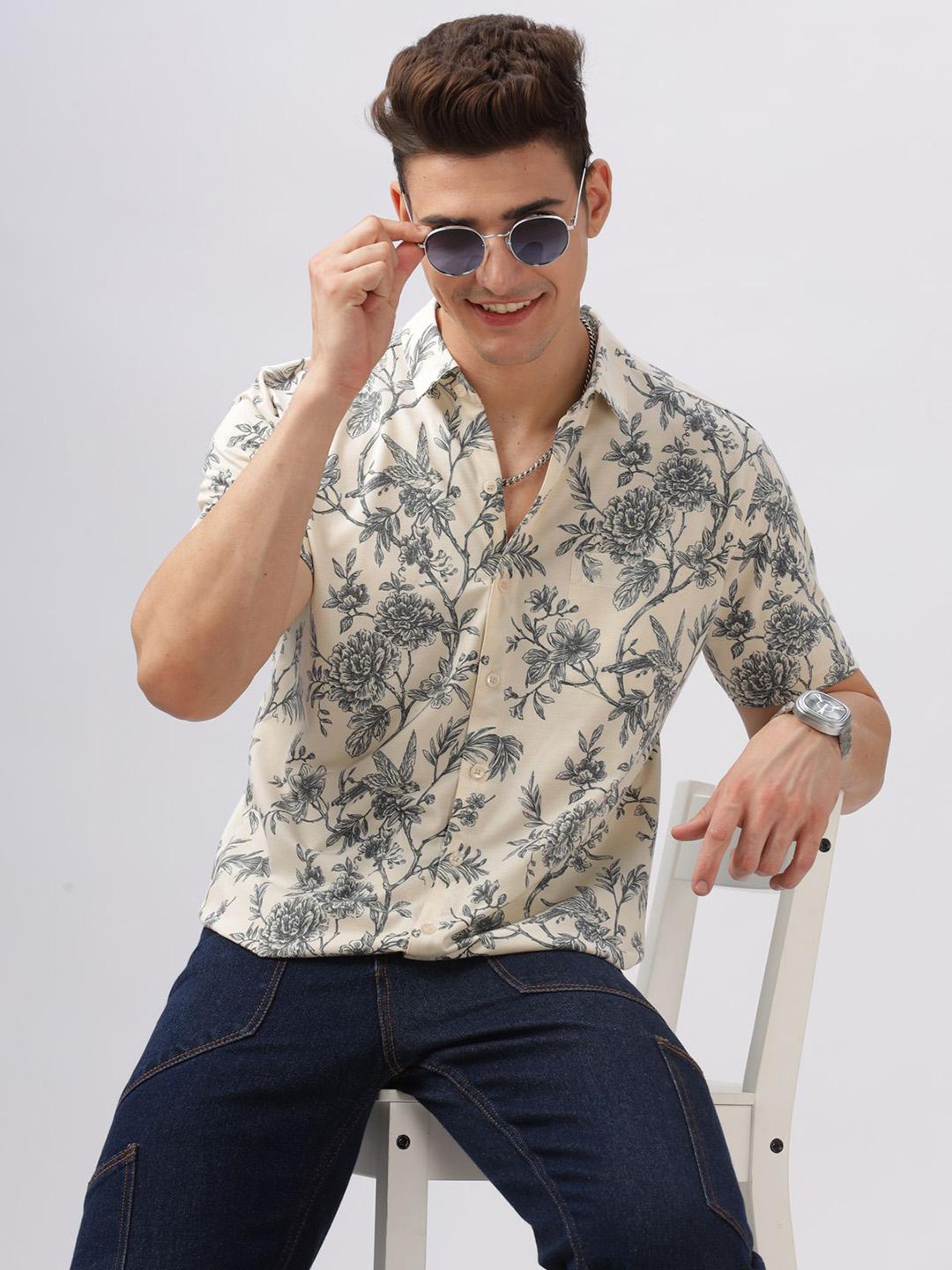 Men's Rust Spread Collar Classic Floral Printed Casual Cotton Shirt