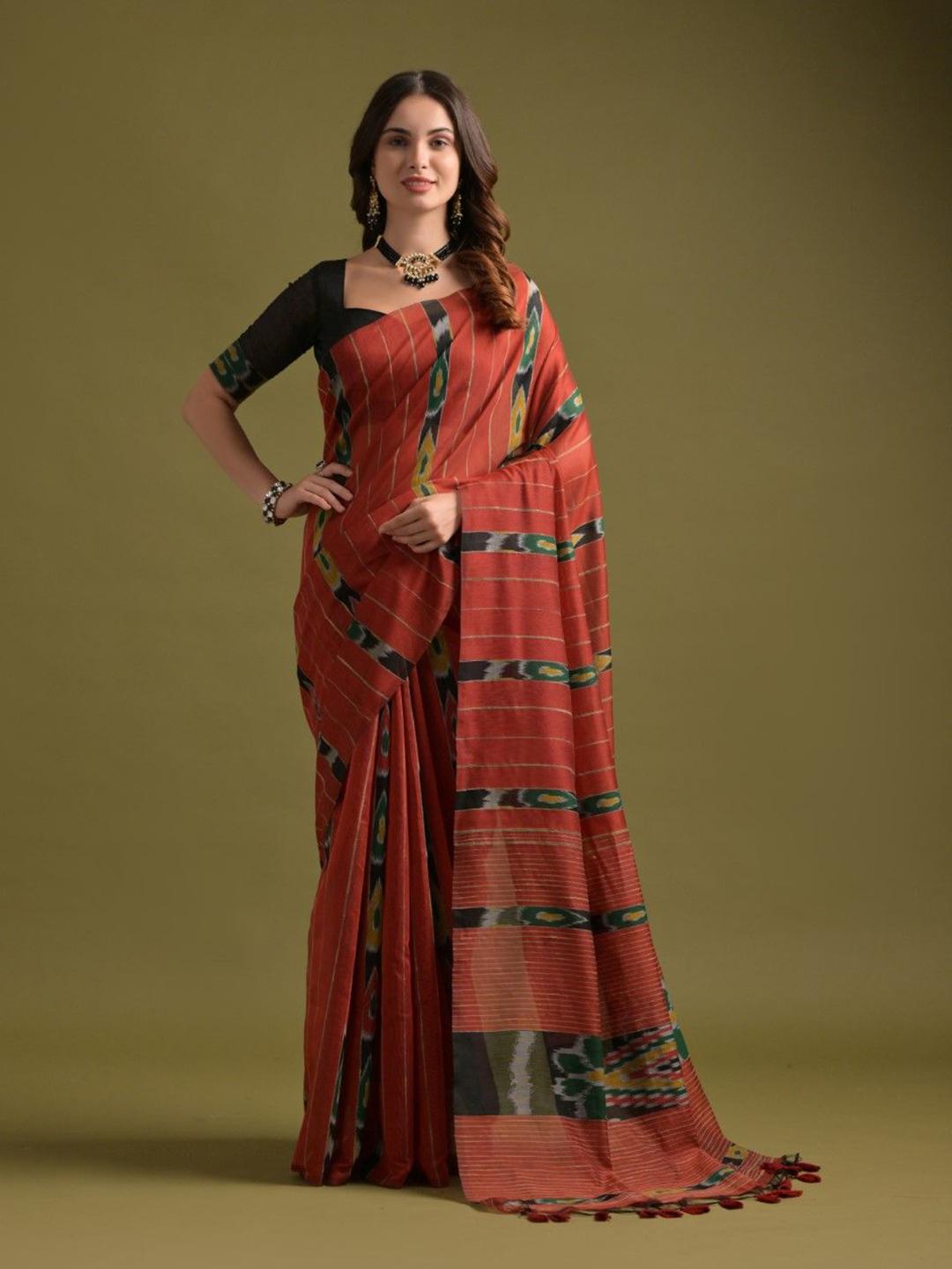 Buy VISHNU WEAVES Striped Pure Cotton Ikat Saree - Sarees for Women ...