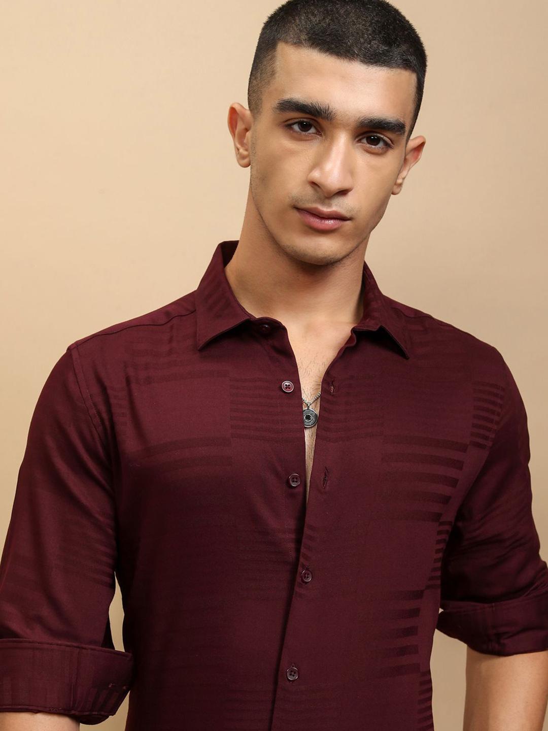 Highlander Men Dark Dobby Textured Solid Occation Slim Fit Shirt