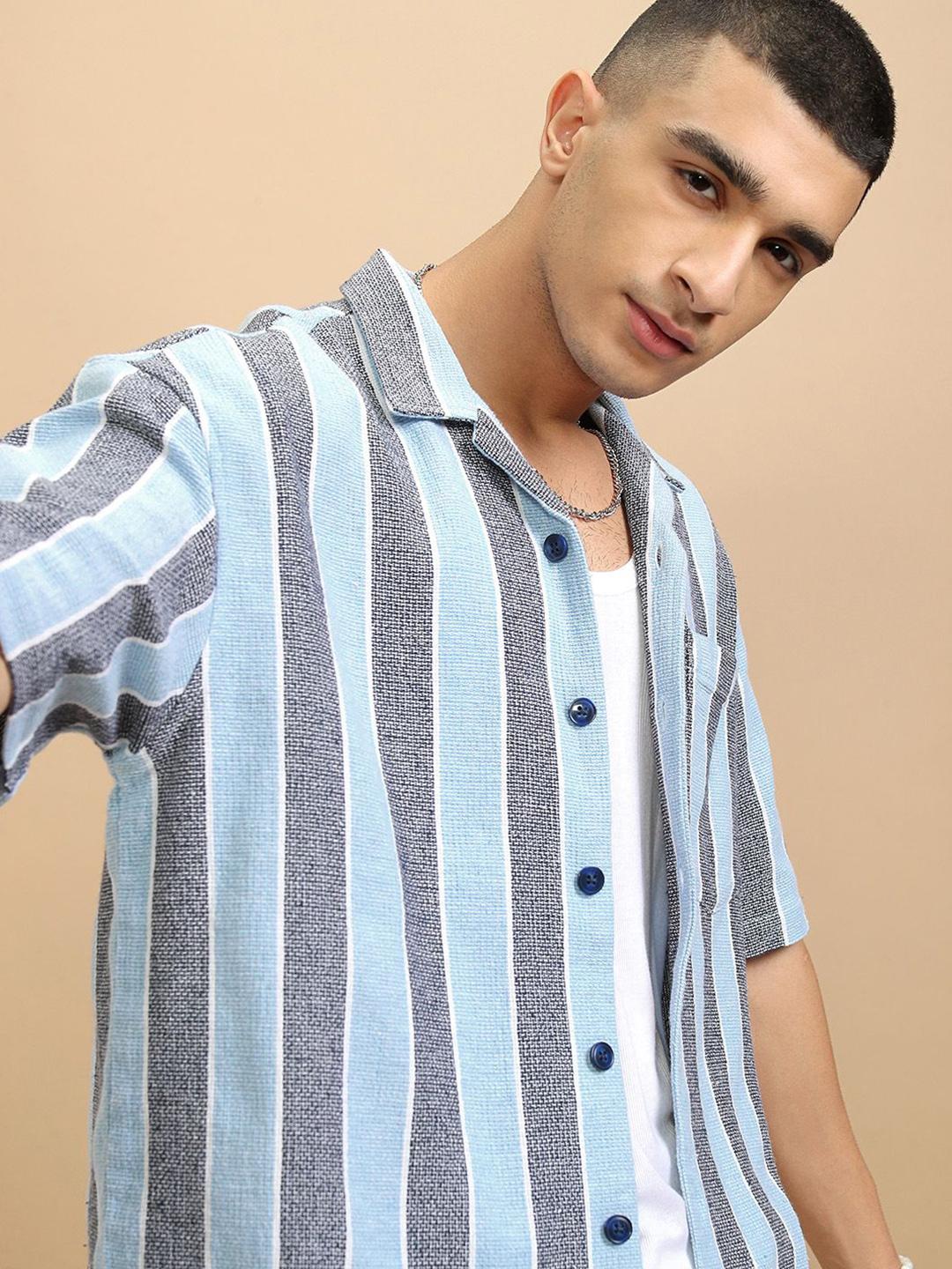 Highlander Men Textured Striped Cuban Collar Oversized Shirt