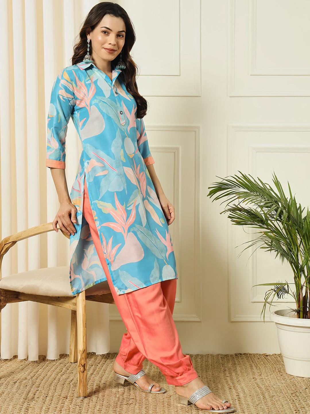 Women's A-Line Grey Floral Kurta Sets With Patiala