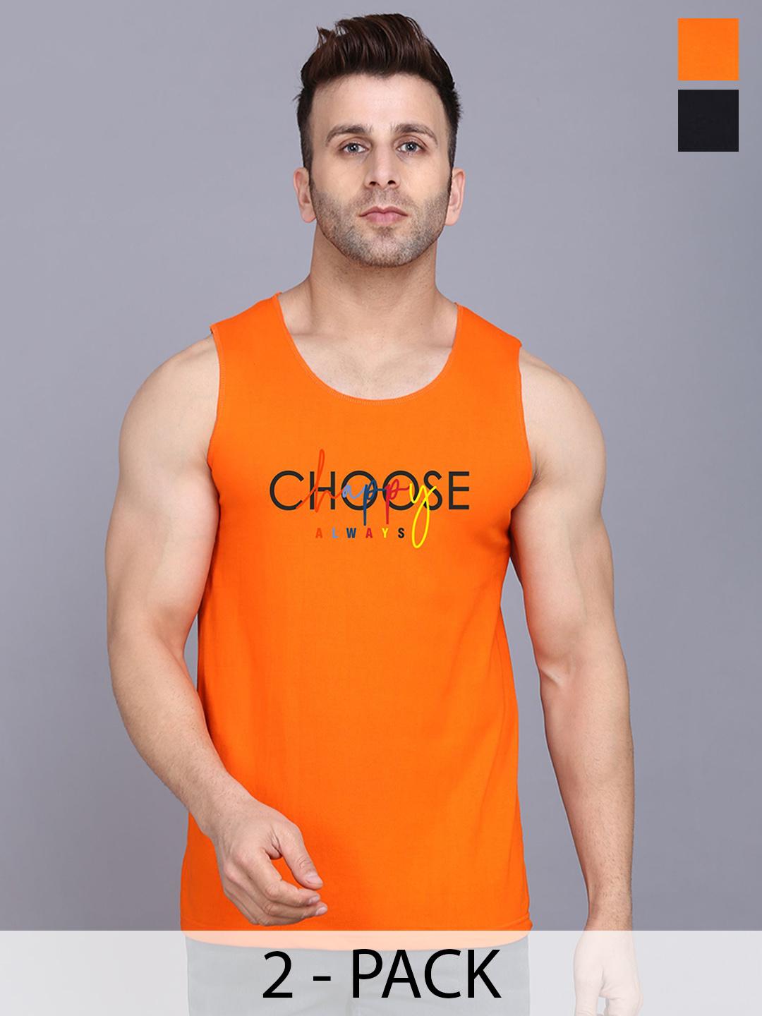 Buy SLOWLORIS Pack Of 2 Printed Gym Vests SL26 COMBO (LOUD BLACK) (CHS ORANGE) - - Apparel for Men
