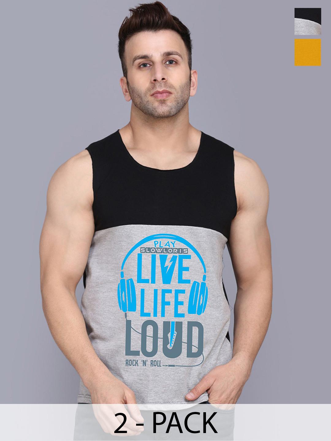 Buy SLOWLORIS Men Combo Pack Of 2 Printed Cotton Gym Vests - - Apparel for Men