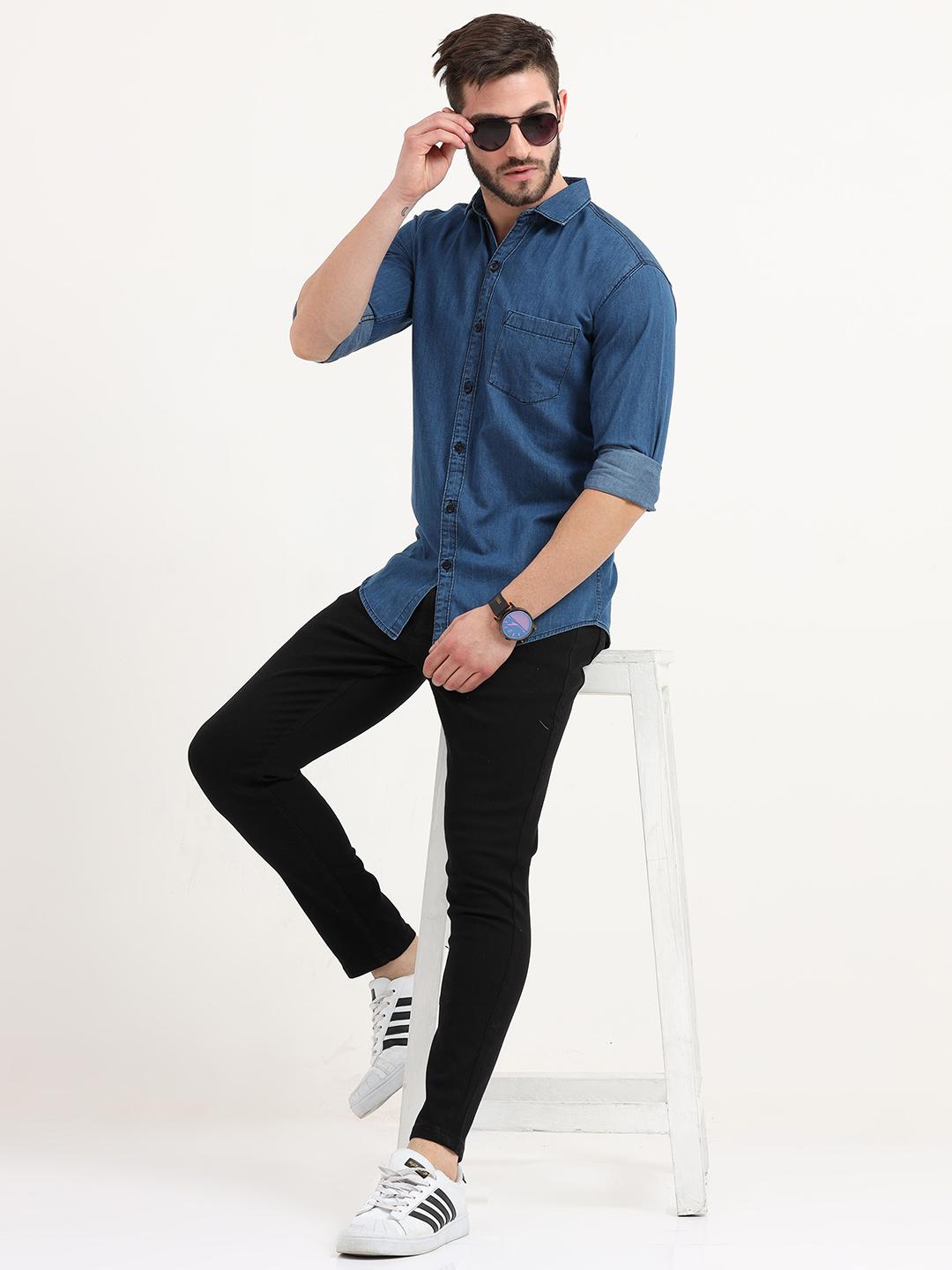 MIRAAN Cotton Denim Casual Shirt Blue - Image 1