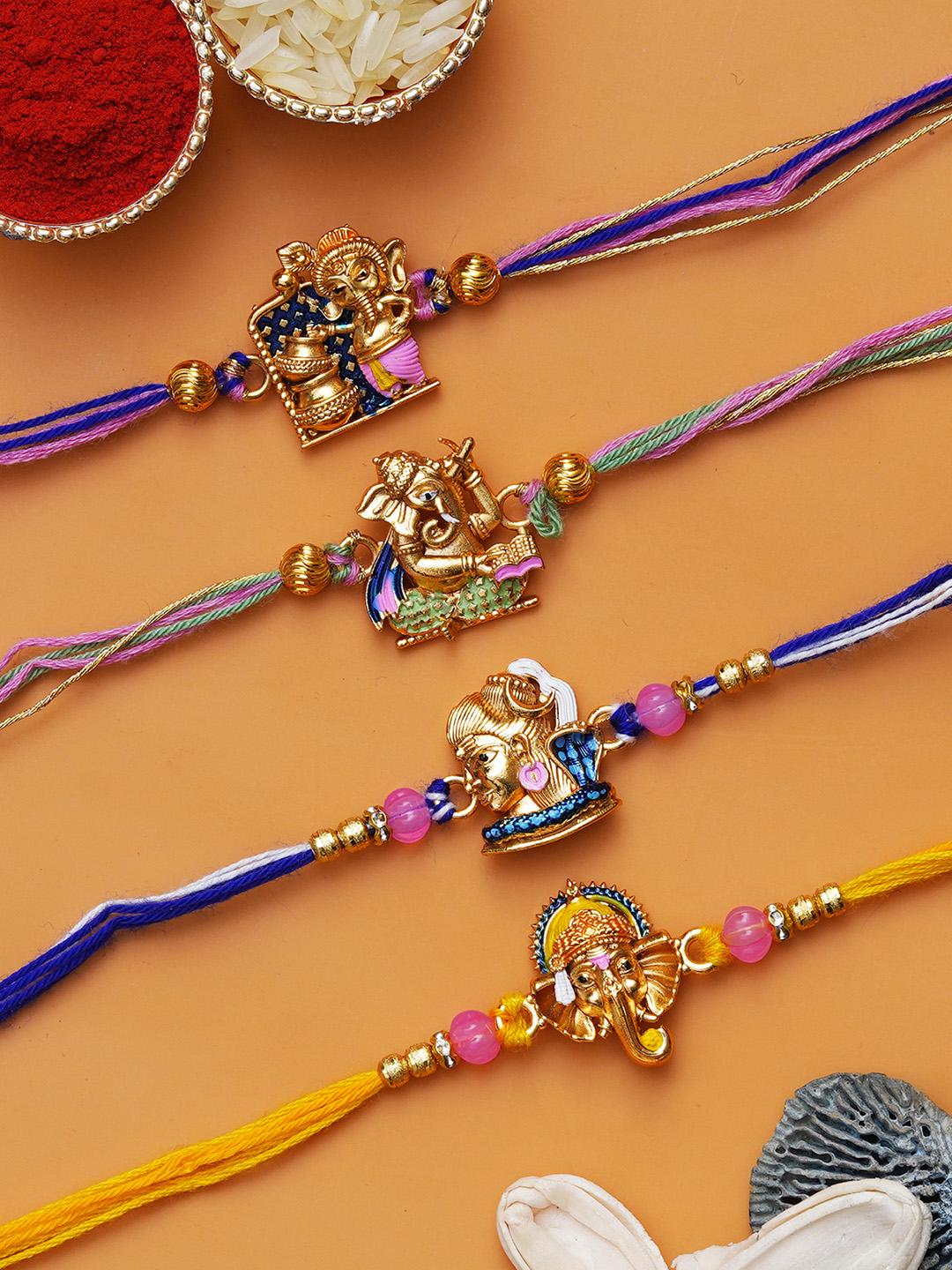 Buy ECraftIndia Set Of 4 Kundan Studded Designer Rakhis With Roli ...