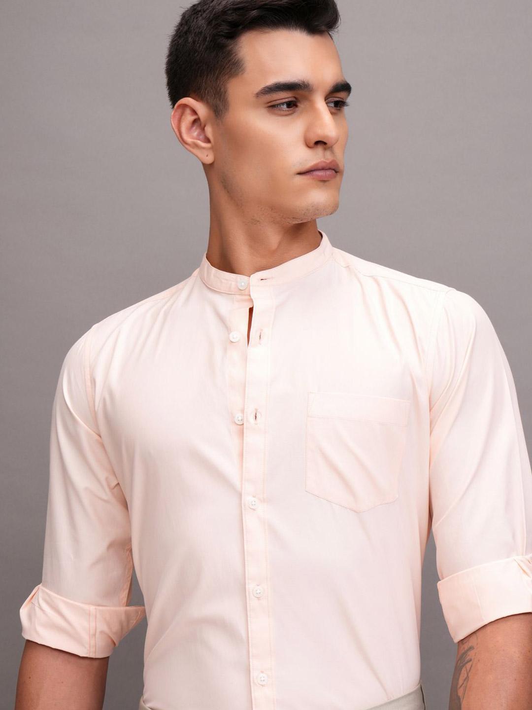 HIGHLANDER Men Solid Mandarin Collar Casual Slim Fit Shirt