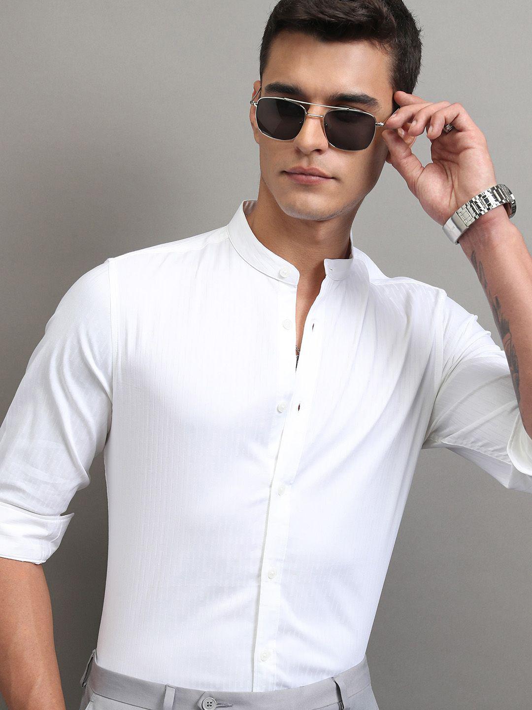 Highlander Men Dobby Textured Solid Mandarin Collar Mui Occasion Shirt