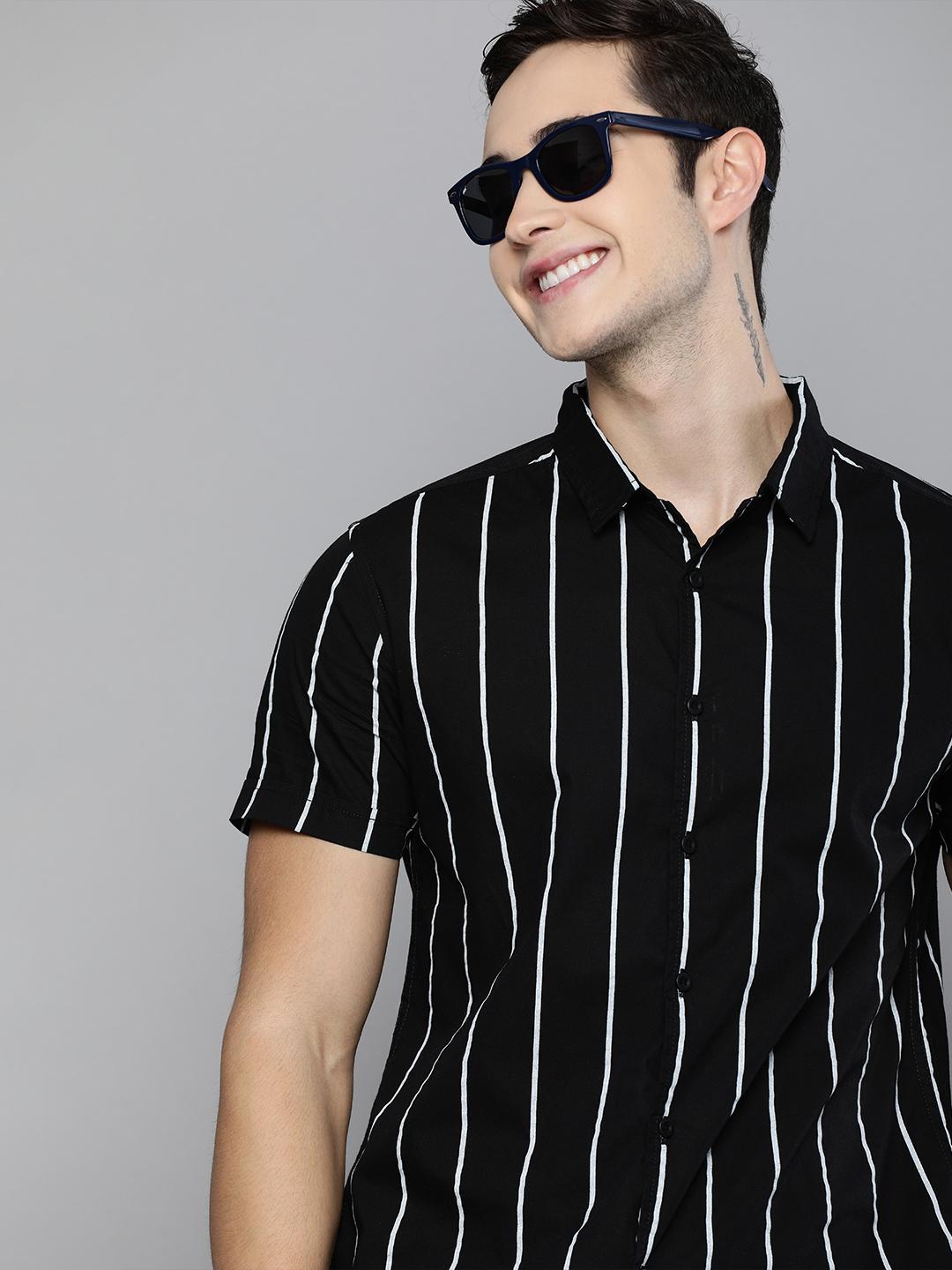 HERE&NOW Men Black Slim Fit Striped Casual Shirt