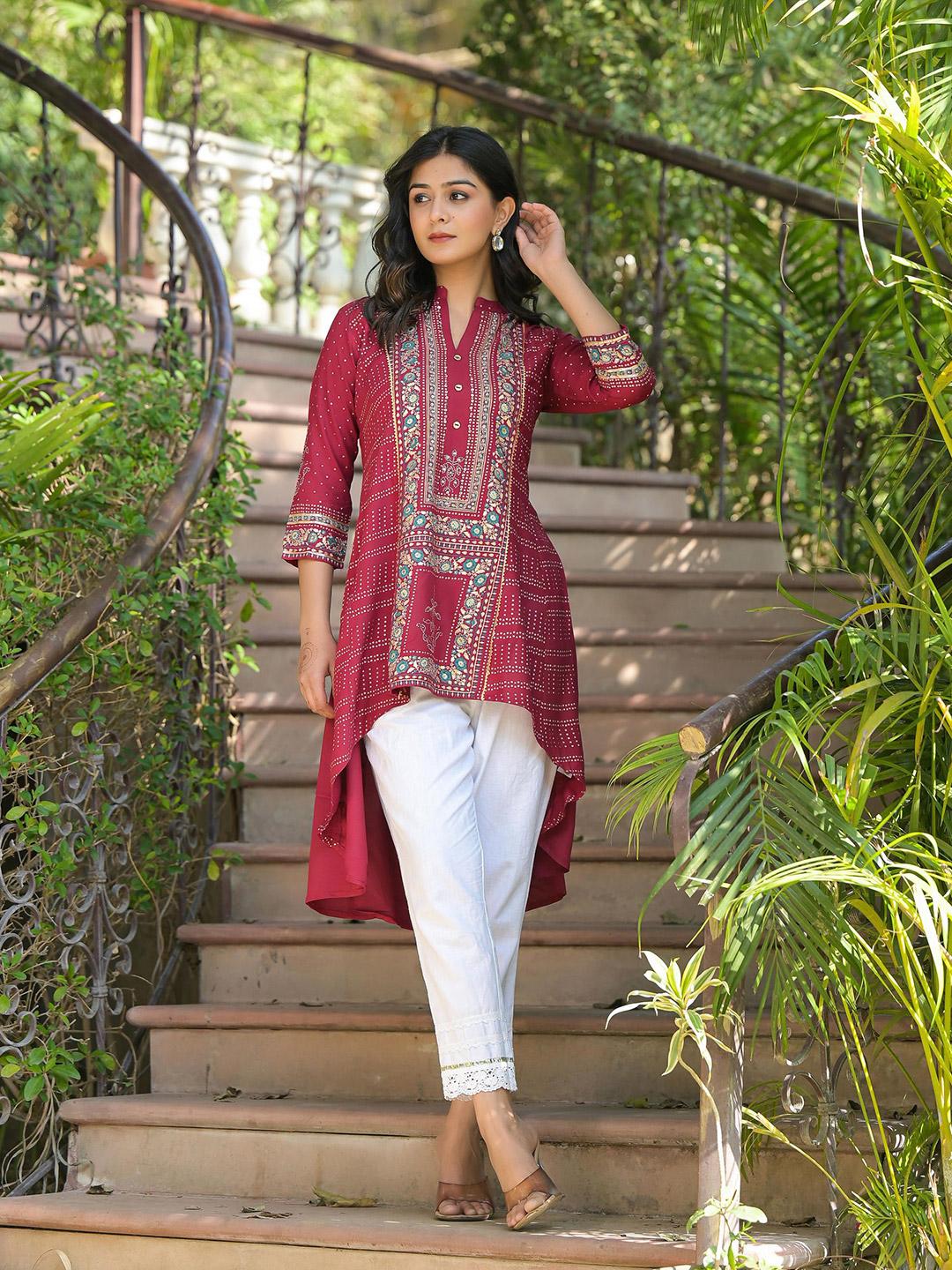 Light Green Tribal Print Tunic With Mandarin Collar & 3/4 Sleeves main image 1