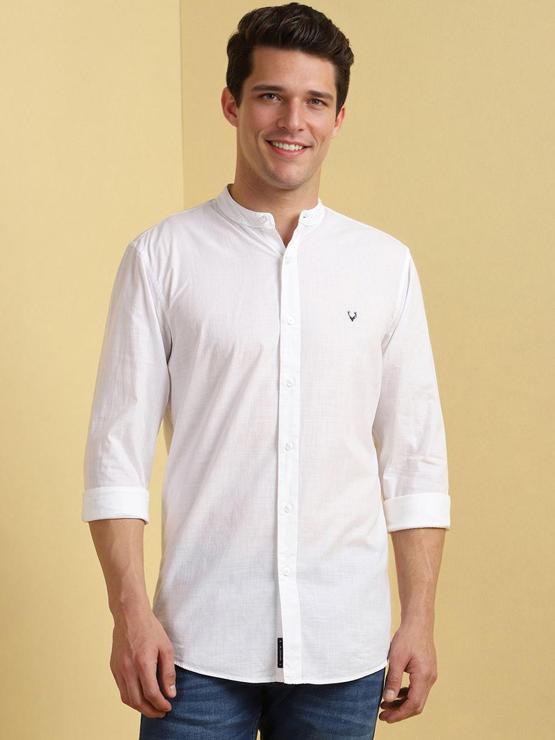 Allen Solly Men Custom Fit Band Collar Solid Cotton Casual Shirt