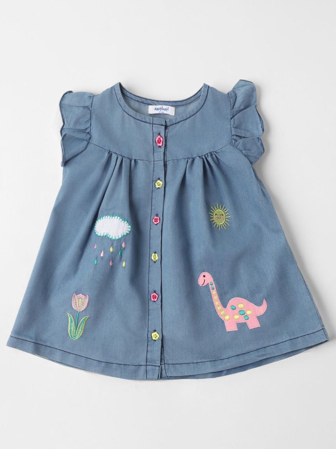 Nauti Nati Girls Blue Embroidered Cotton Denim Pinafore Dress main image 0