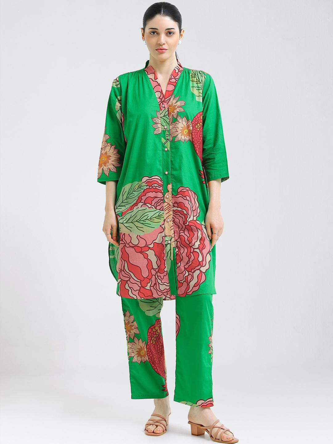 Buy I Like Me Green Pure Cotton Floral Printed Tunic With Trousers -  - Apparel for Women