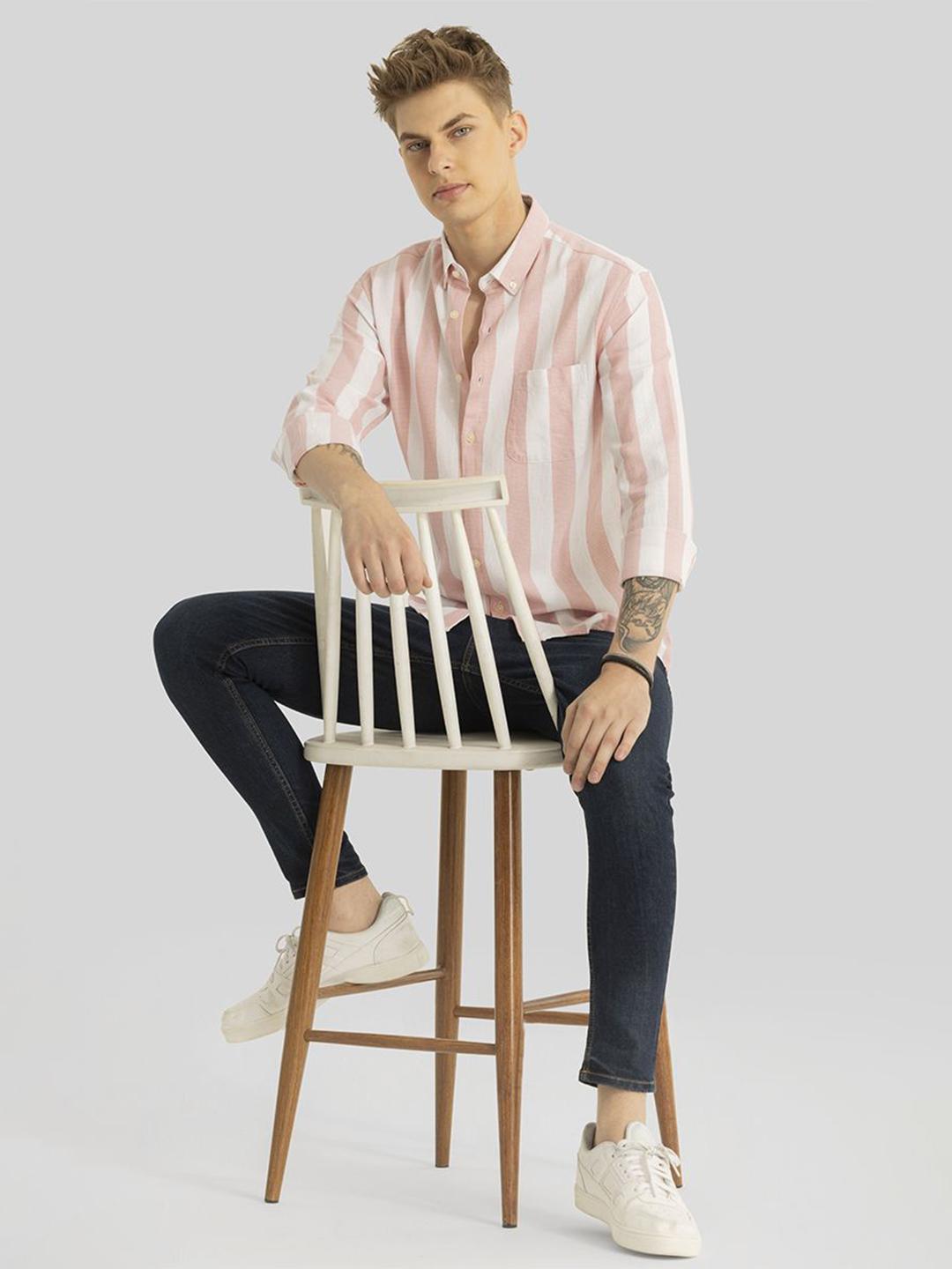 Snitch Men Spread Collar Vertical Striped Slim Fit Casual Shirt