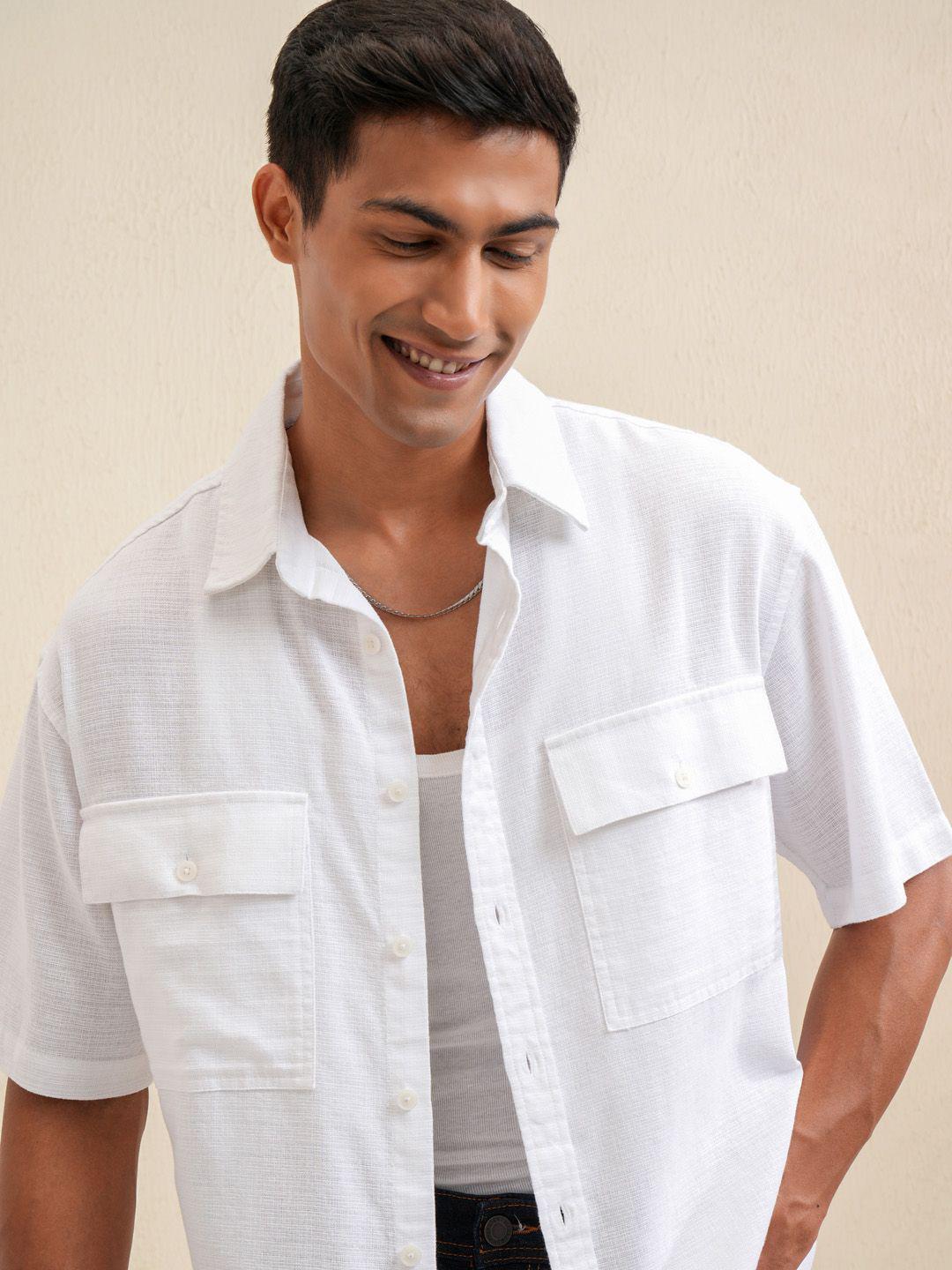 LOCOMOTIVE Premium Men Mocklino Dobby Solid Utility Pocket Oversized Overshirt
