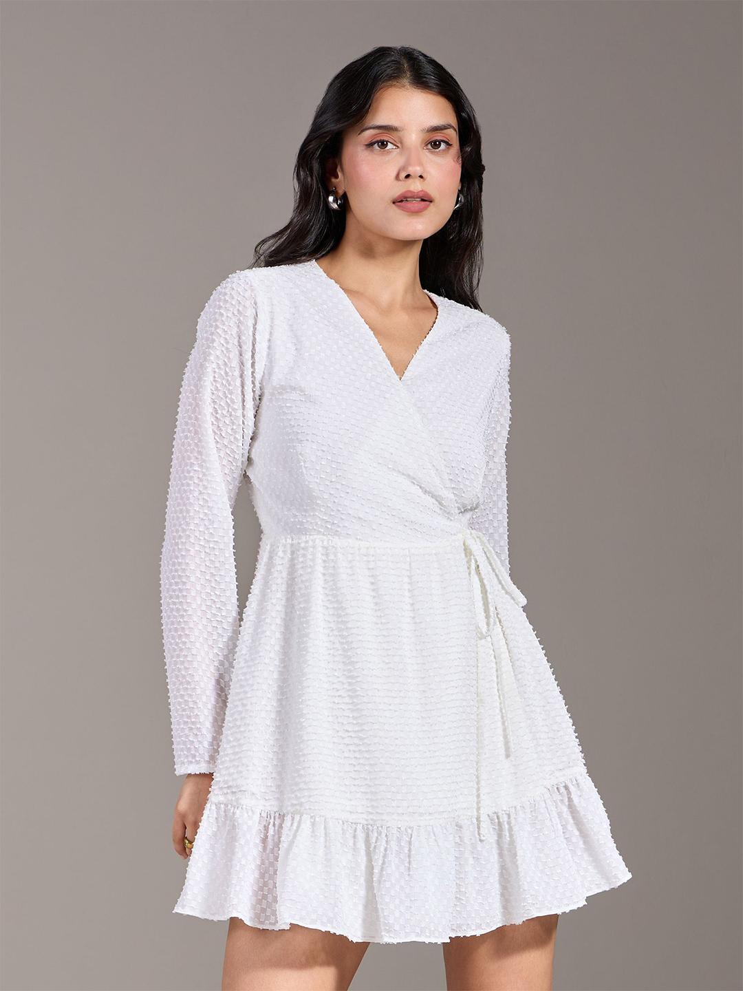 Women's Grey Self Design Wrap Dress