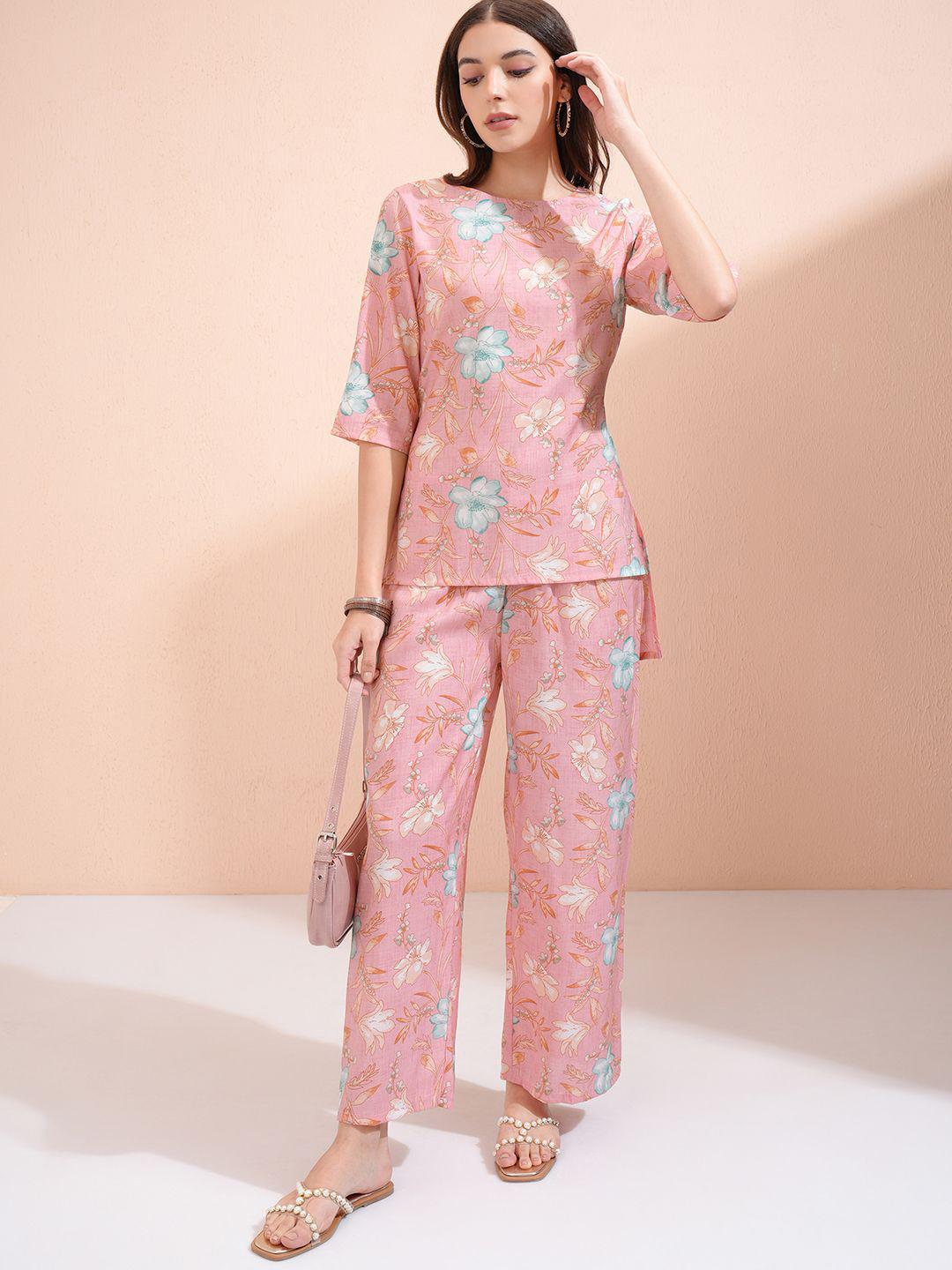 Buy Vishudh Pink & Blue Floral Printed Boat Neck Top With Trousers - - Apparel for Women