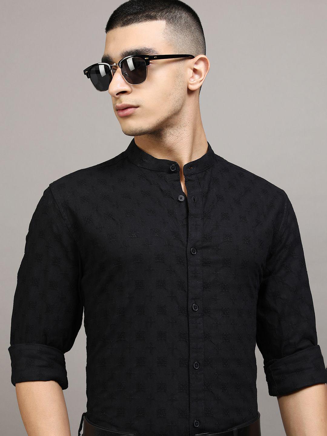 HIGHLANDER Men Dobby Textured Mandarin Collar Regular Fit Casual Shirt