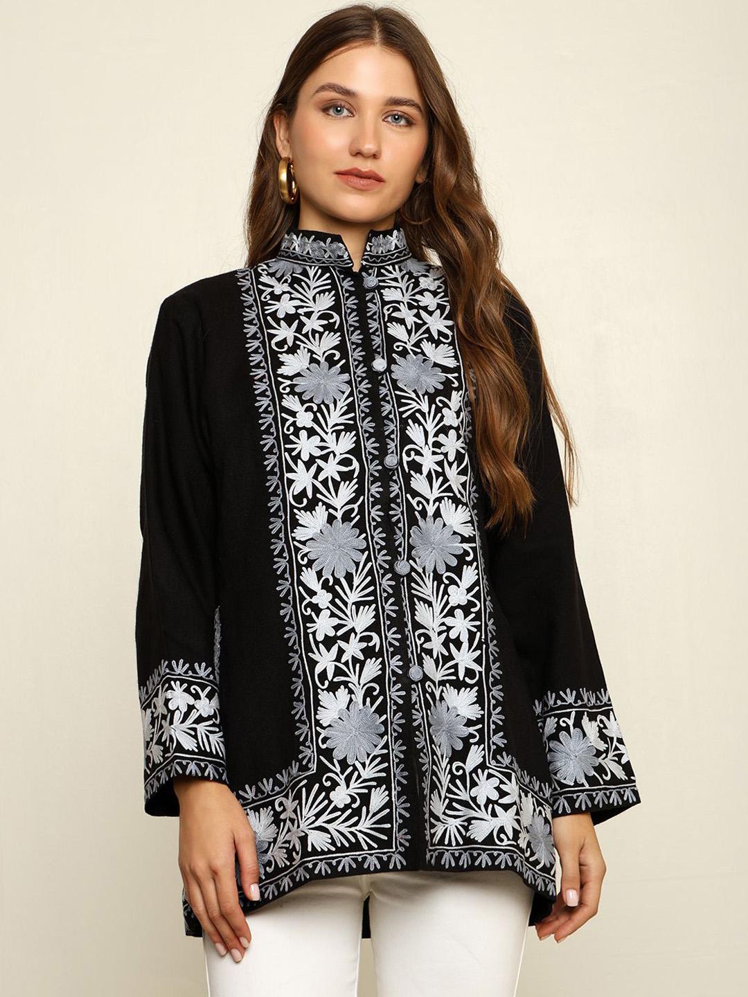 CRAFTBAZAR Women Floral Acrylic Open Front Jacket with Embroidered