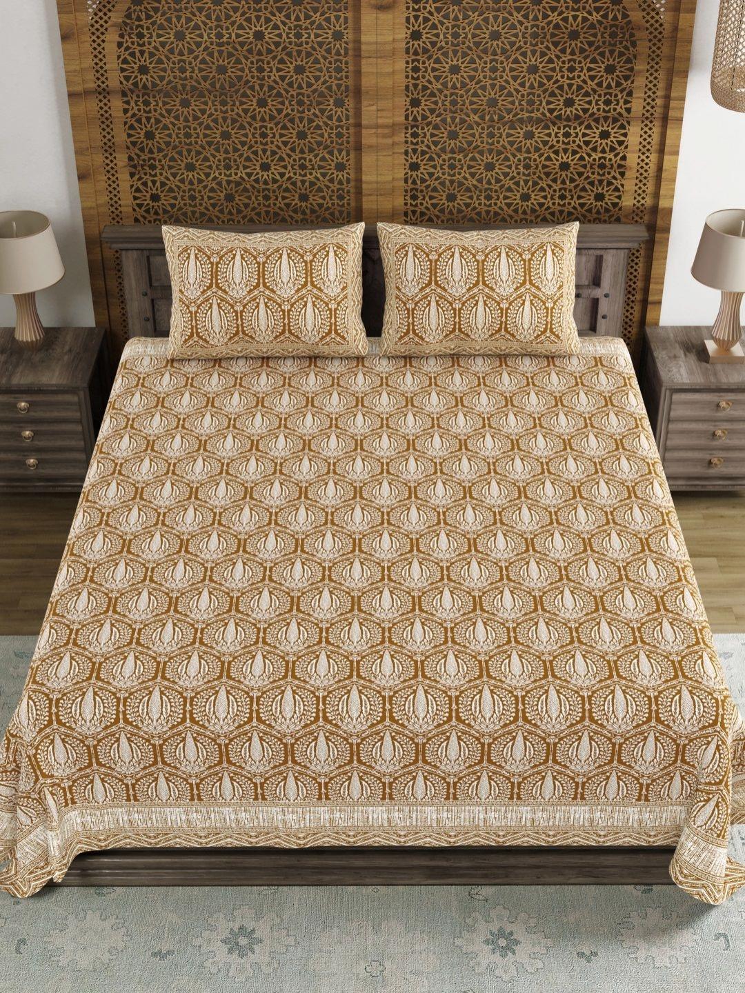 Buy BLOCKS OF INDIA Brown Ethnic Motifs Cotton 210 TC King Fine Bedsheet With 2 Pillow Covers 269 X 269 Cm - - Home for Unisex