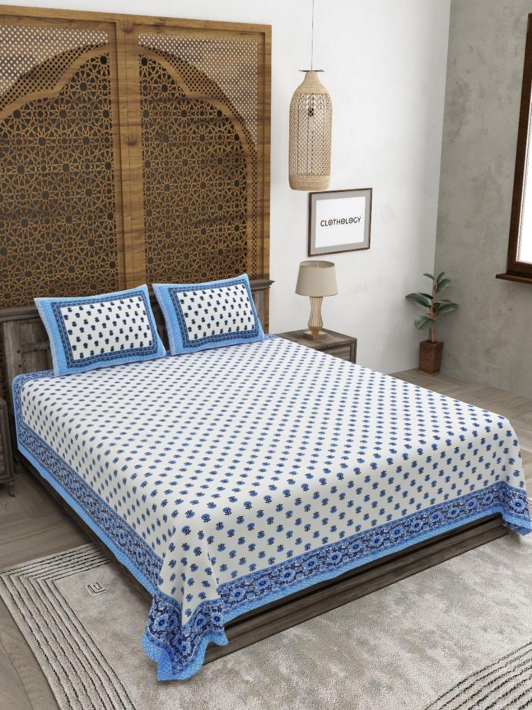 Buy CLOTHOLOGY Indigo Blue Floral Buta Royal Bagh 180 TC Cotton King Bedsheet With 2 Pillow Cover - - Home for Unisex