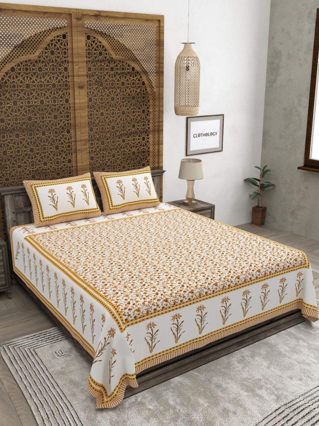 Buy CLOTHOLOGY Ochre Mustard Dainty Floral The Gulshan Edit 180 TC Cotton King Bedsheet With 2 Pillow Cover - - Home for Unisex