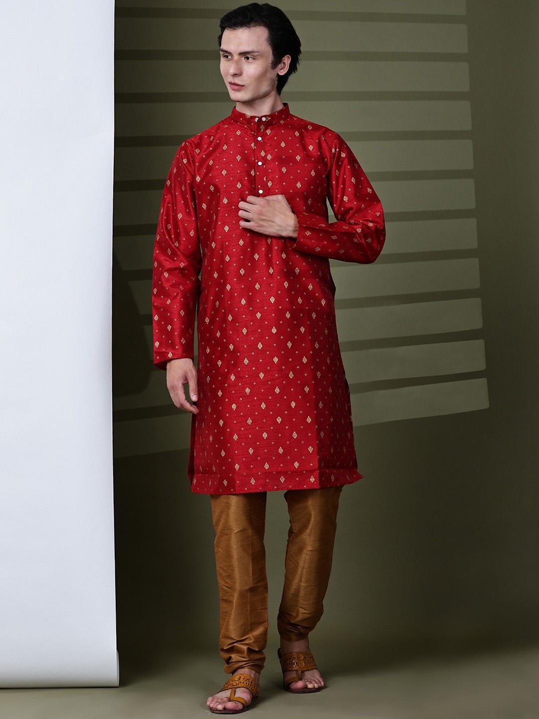 SKAVIJ Uomo Tunica Seta d'Arte Kurta Pigiama Set Vestito da Sposa Marrone_XL