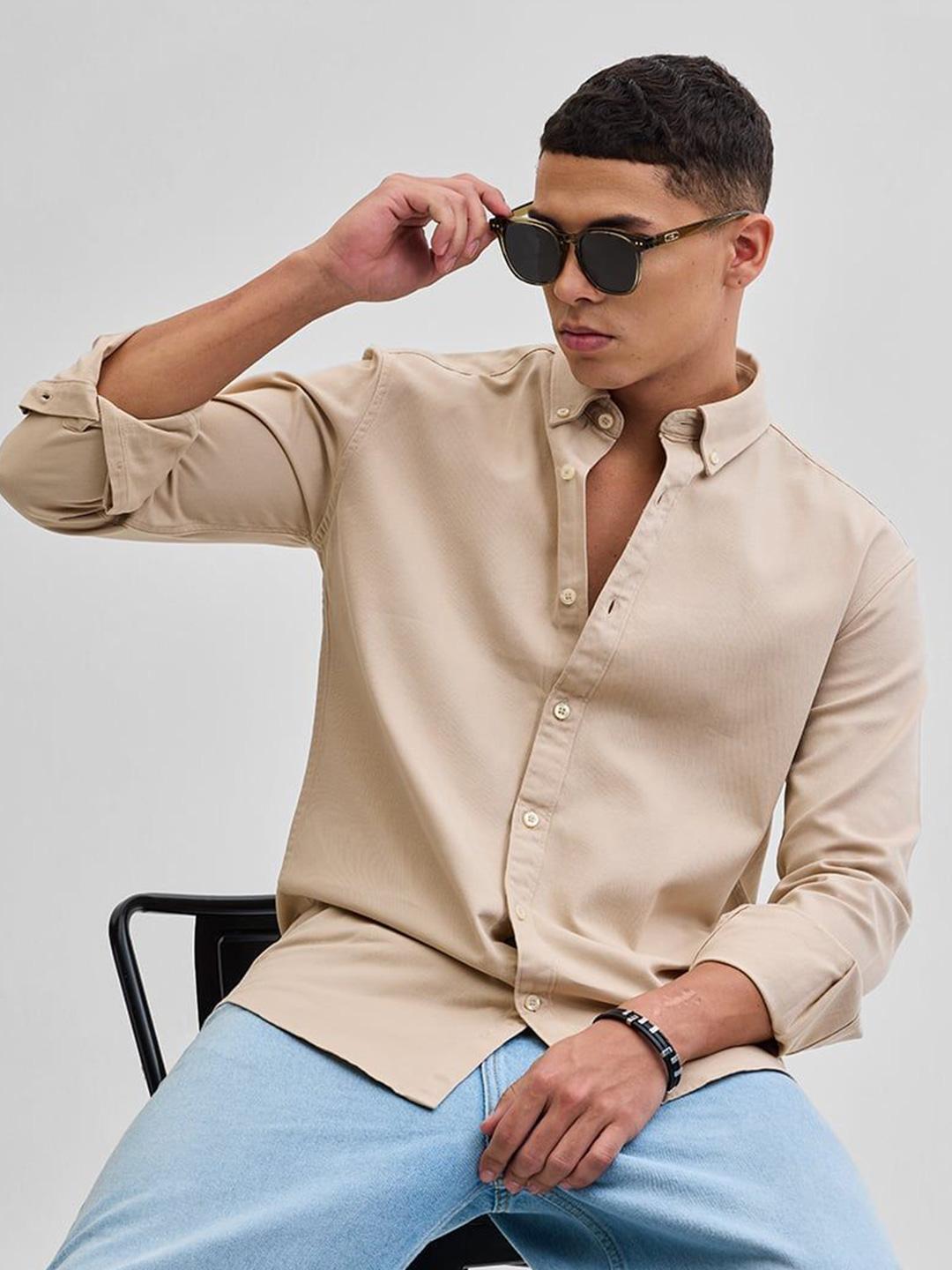 Snitch Men Classic Button-Down Collar Solid Cotton Casual Shirt