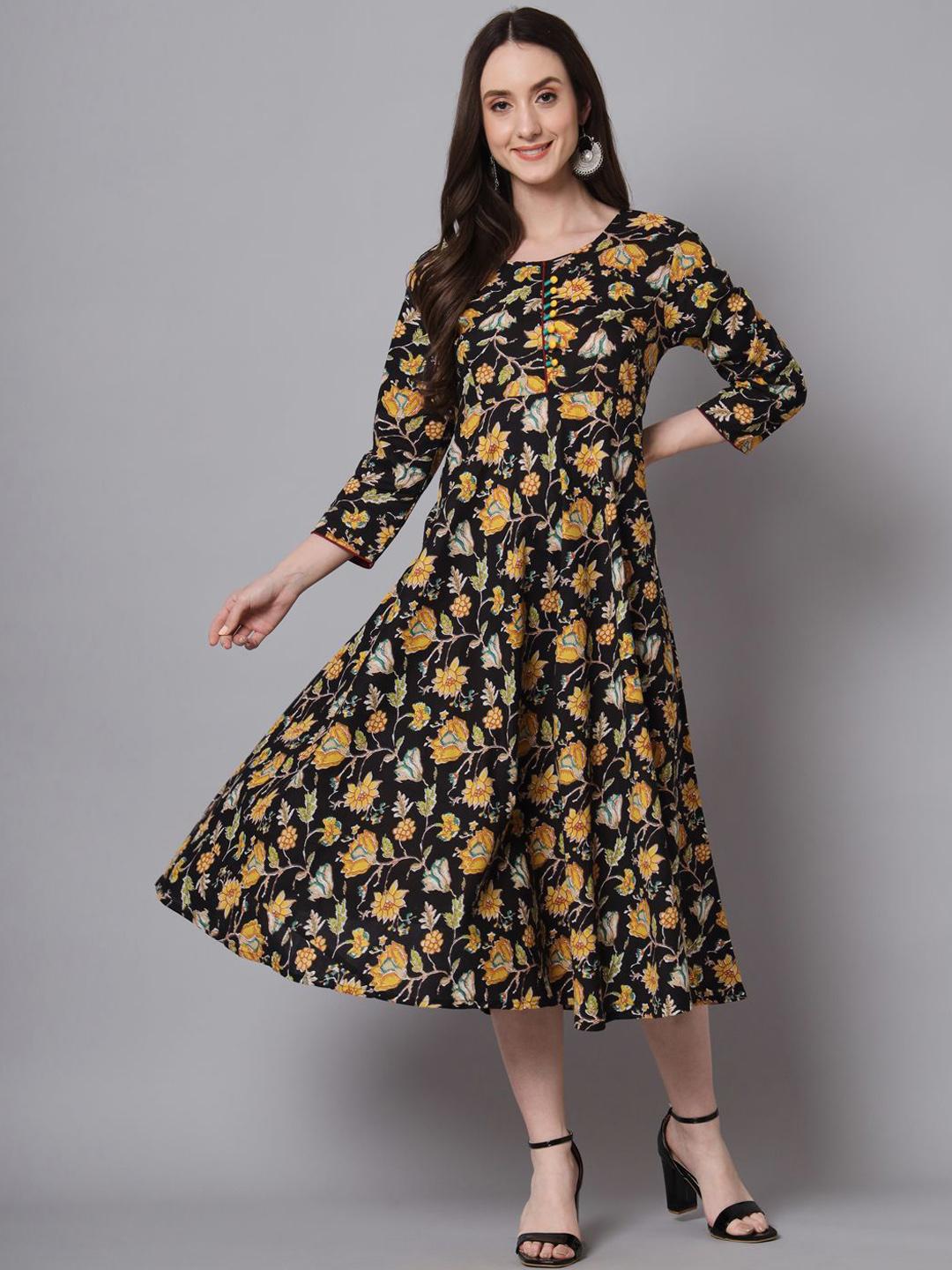 Black Floral Printed Cotton Ethnic Dress for Women