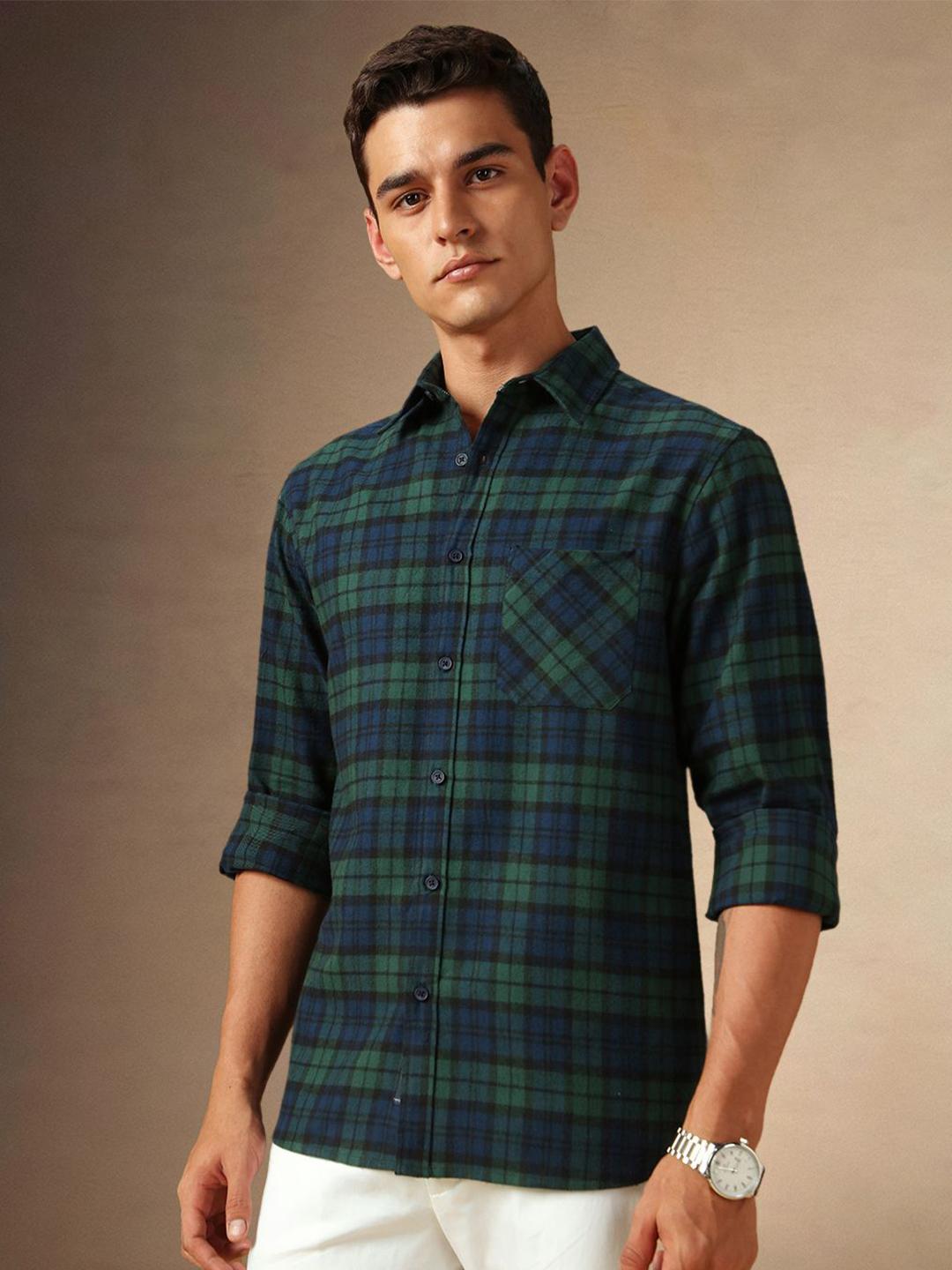 Dennis Lingo Men Spread Collar Flannel Checked Cotton Relaxed Fit Casual Shirt