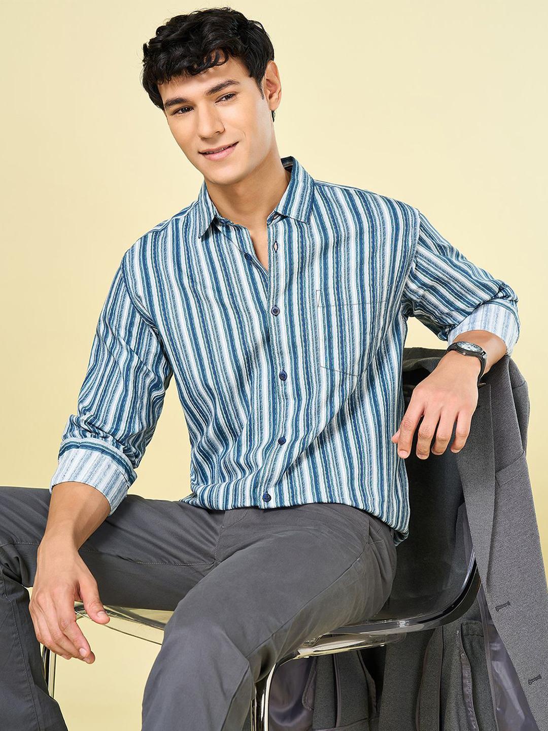 Men's Navy Blue Premium Spread Collar Horizontal Striped Cotton Slim Fit Casual Shirt