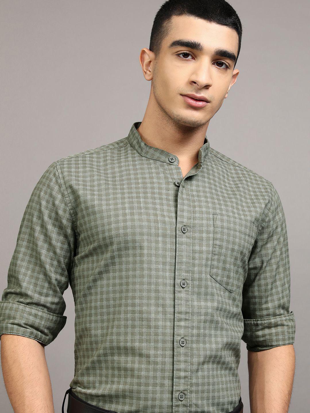 HIGHLANDER Men Olive Cotton Linen Checked Regular Fit Casual Shirt