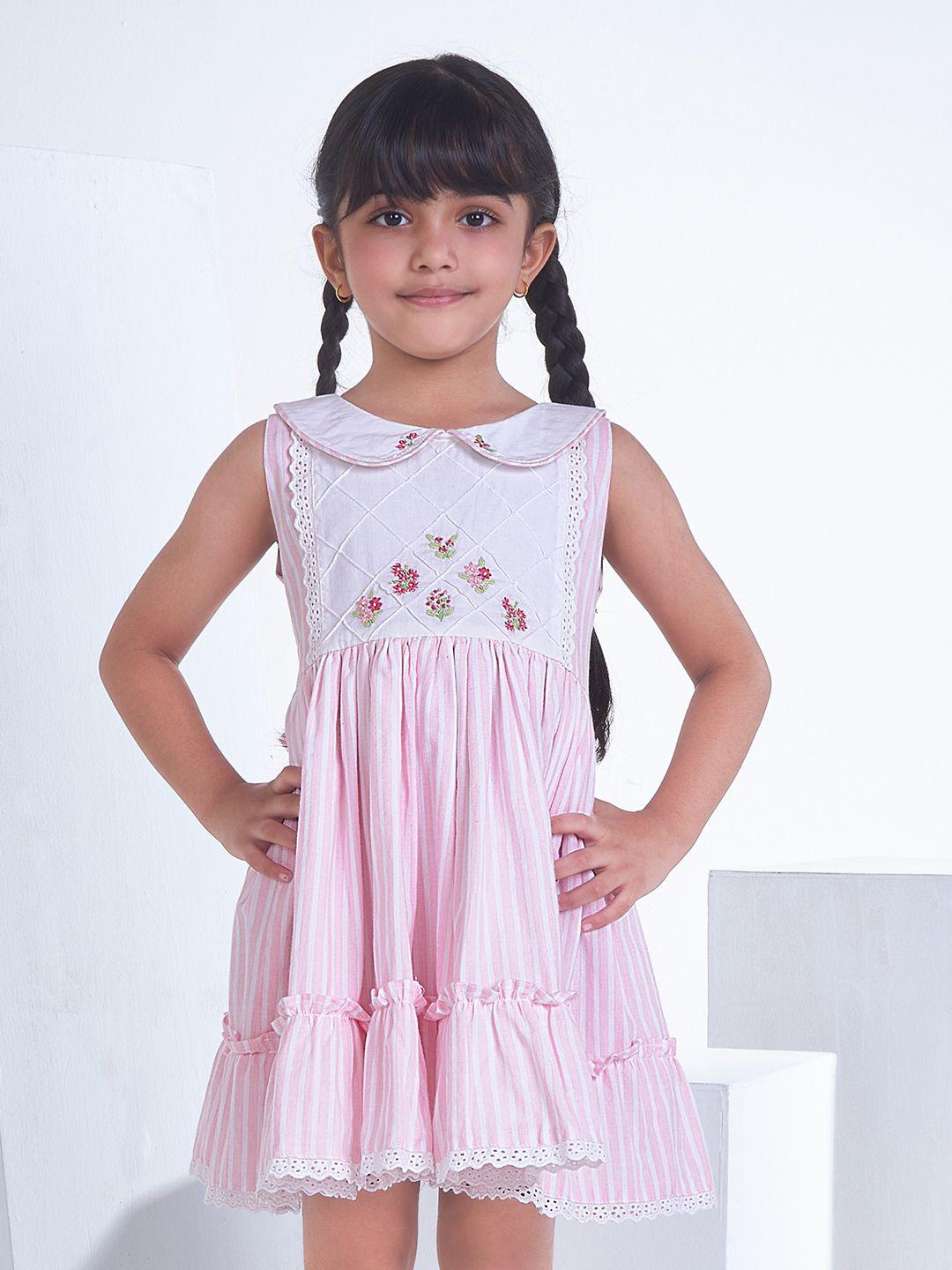 Girls Beige Floral Print Peter Pan Collar Fit And Flare Dress
