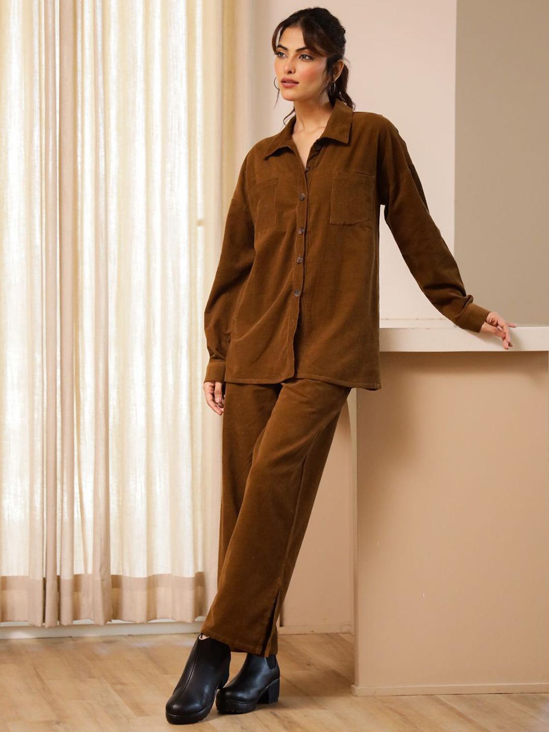 Buy SANSKRUTIHOMES Solid Drop Shoulder Sleeves Corduroy Weave Shirt Trousers Co Ord Set -  - Apparel for Women
