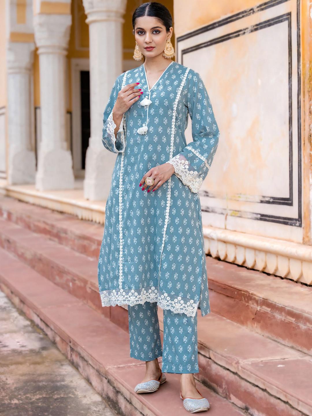 Floral embroidered grey v_neck Pure Cotton Kurta Set With Trouser