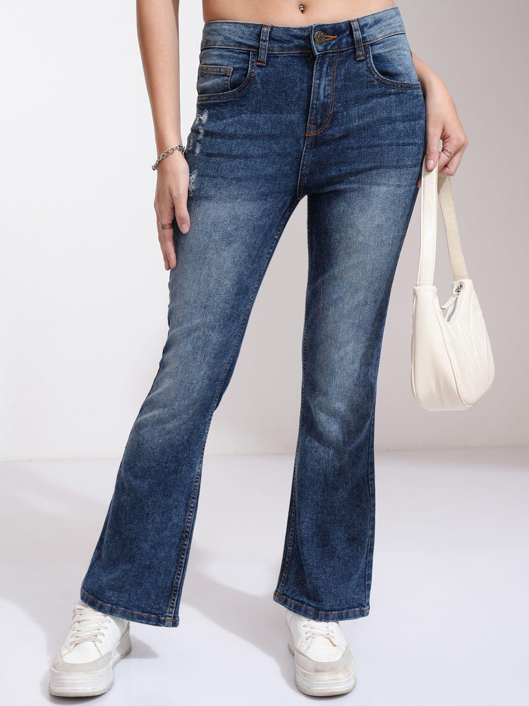 Tokyo Talkies Women Flared Mildly Distressed Light Fade Stretchable Jeans