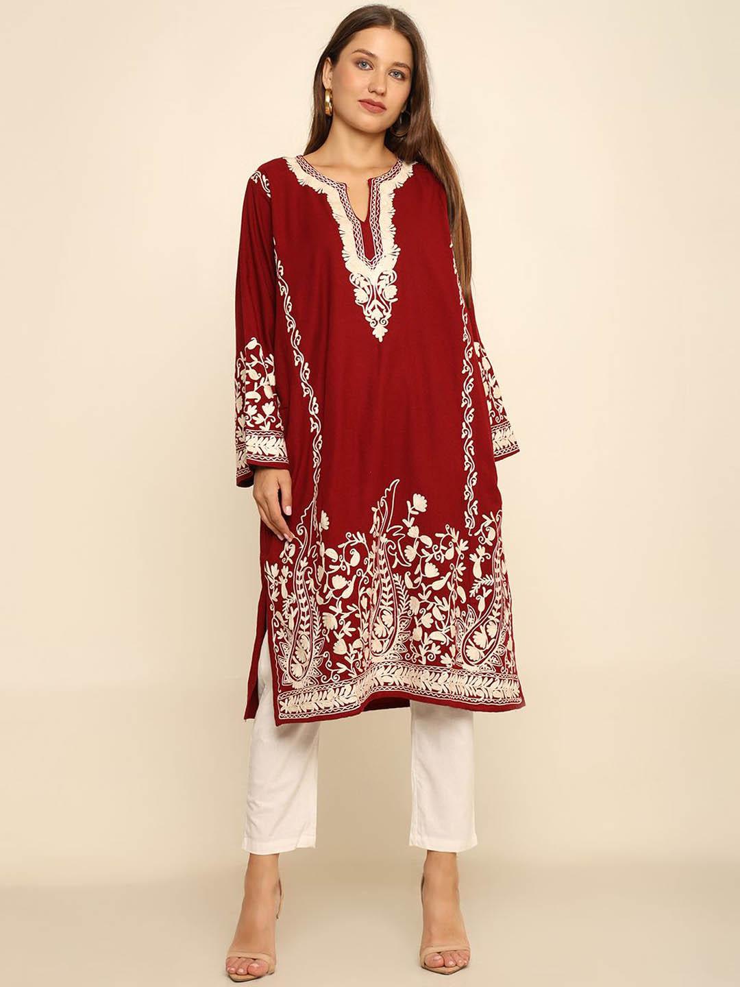 Buy CRAFTBAZAR Floral Embroidered Thread Work Notch Neck A Line Kurta ...
