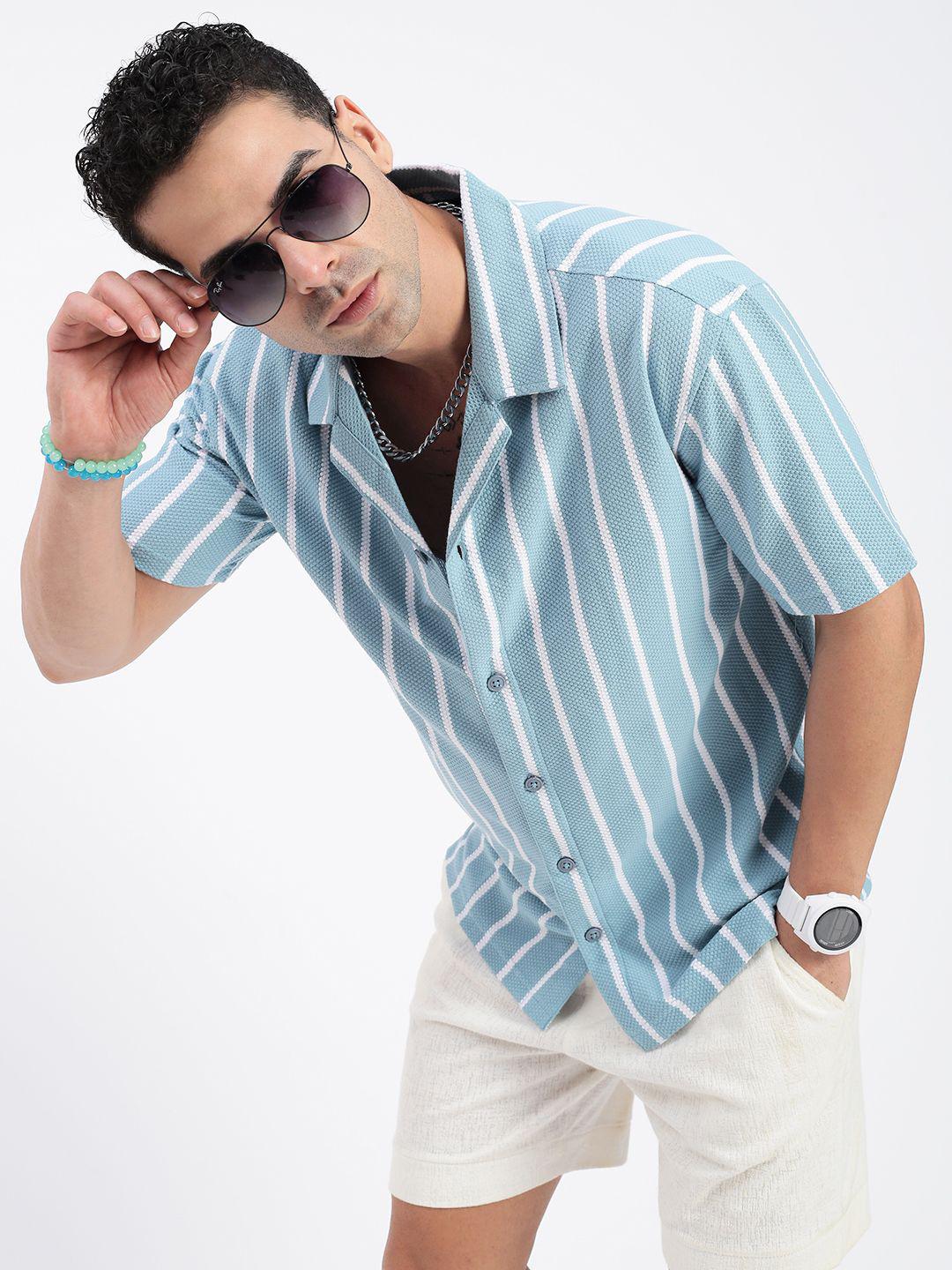 Men's Pink Standard Cuban Collar Vertical Striped Cotton Relaxed Fit Casual Shirt