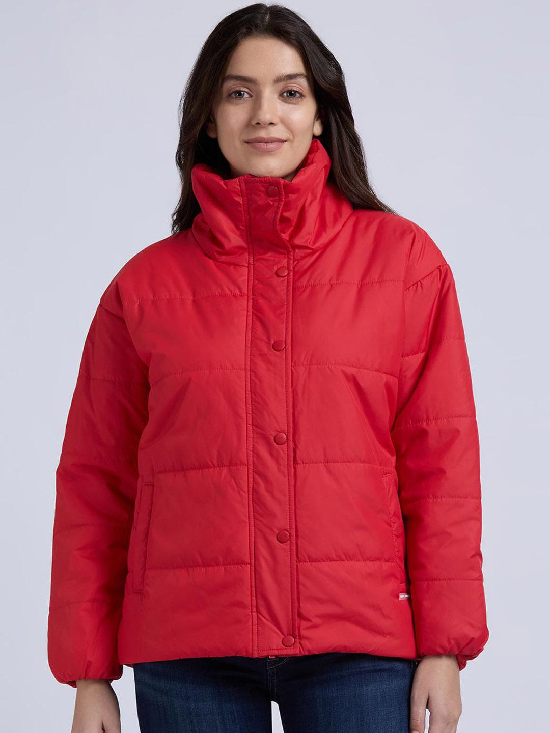 Pepe Jeans Women Mock Collar Solid Casual Quilted Jacket