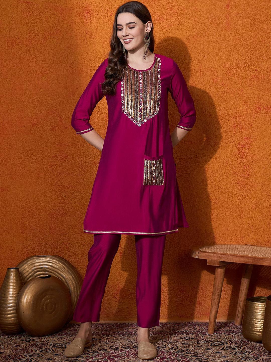Maroon Mirror work kurta set with stole